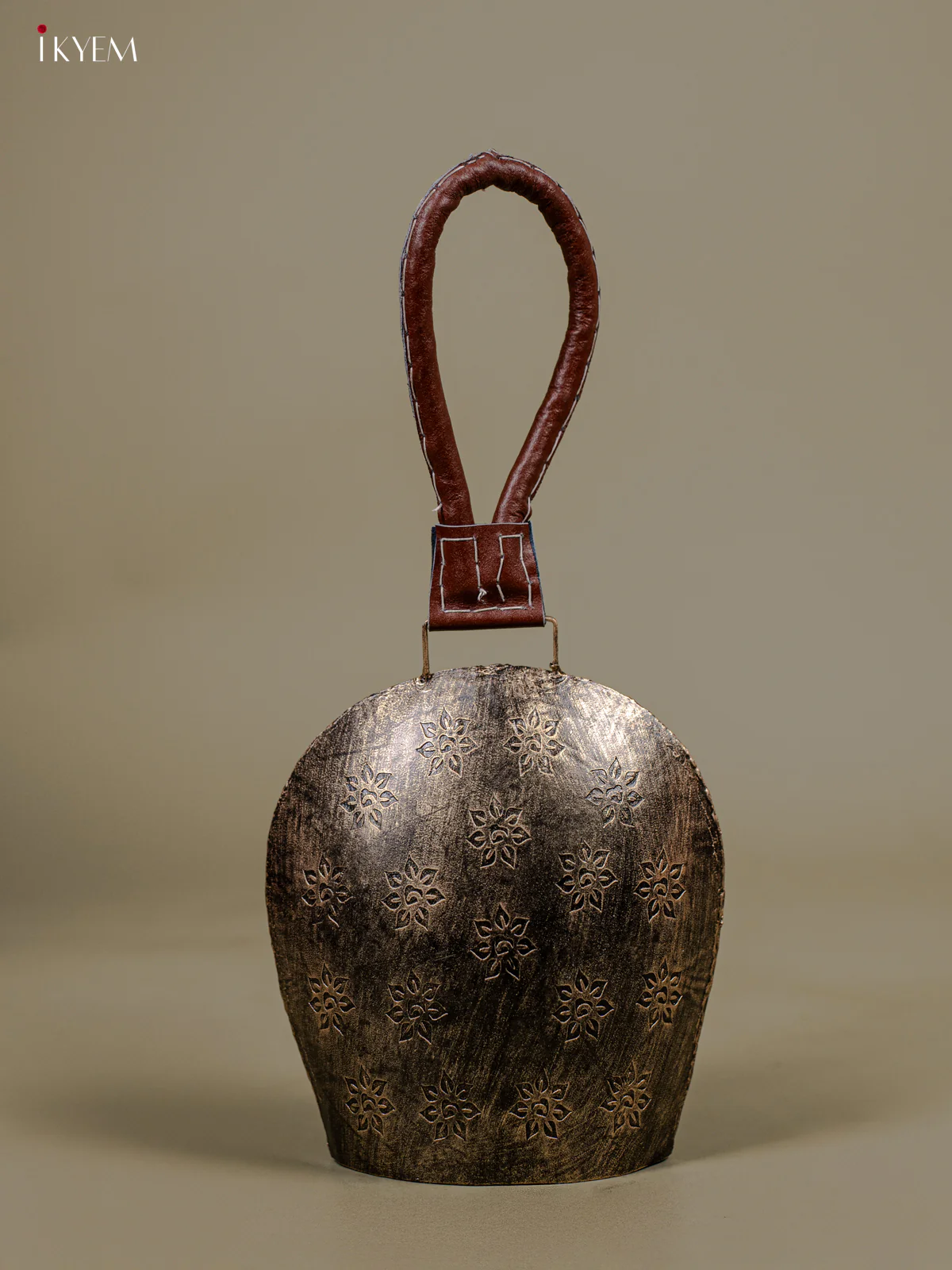 Metal Cow Bell with Floral Engraving & Leather Handle - 8 Inch Antique Silver - KB05114