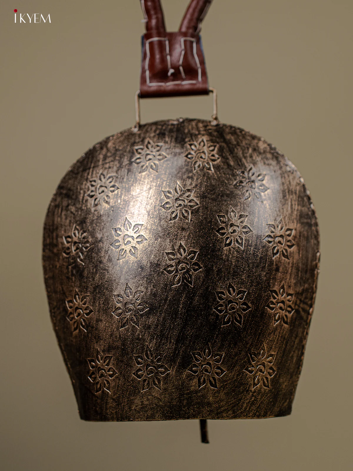 Metal Cow Bell with Floral Engraving & Leather Handle - 8 Inch Antique Silver - KB05114 - Image 3