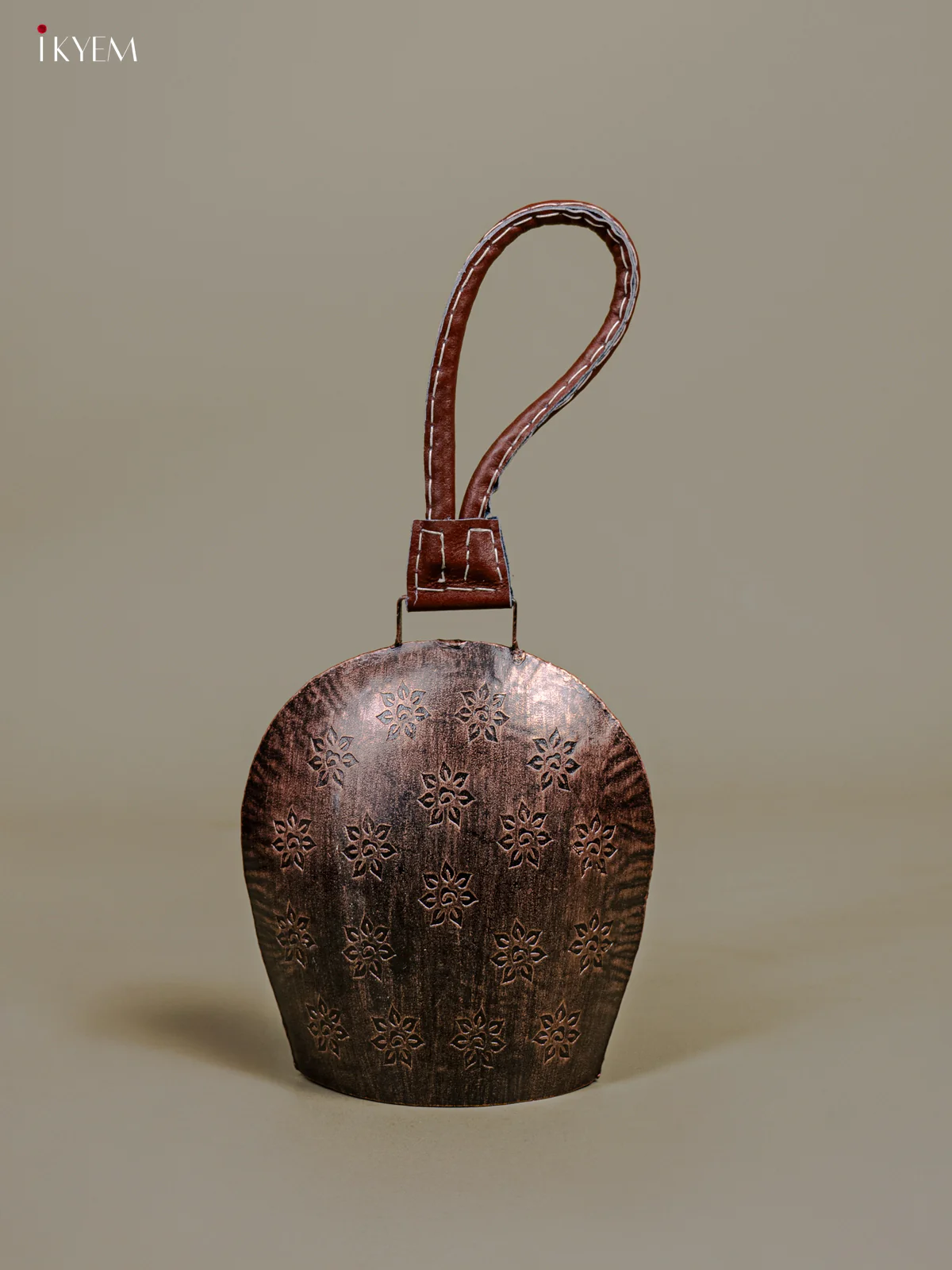 Metal Cow Bell with Floral Engraving & Leather Handle - 8 Inch Antique Copper - KB05115 - Image 2