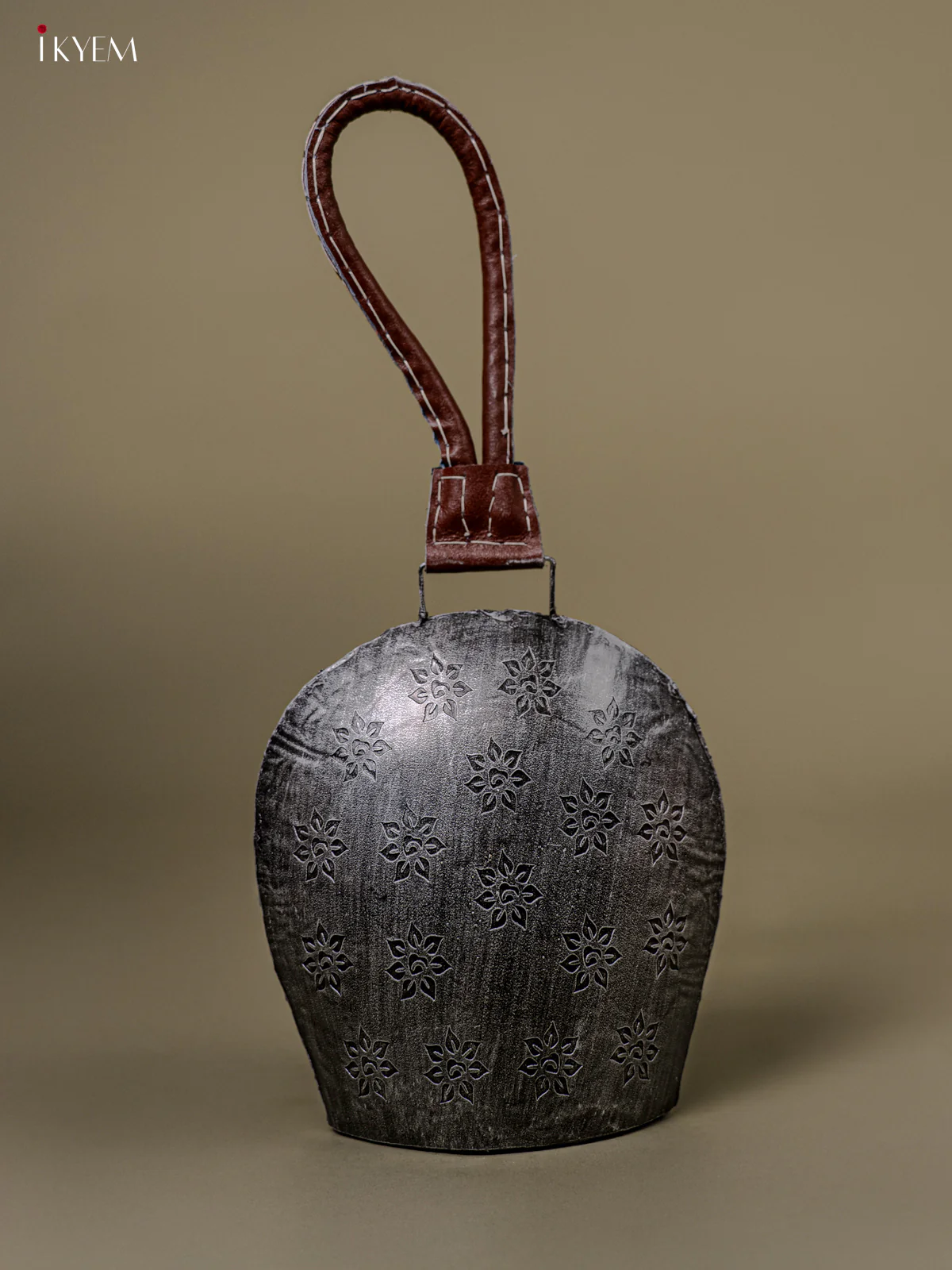 Metal Cow Bell with Floral Engraving & Leather Handle - 8 Inch Antique Bronze - KB05116