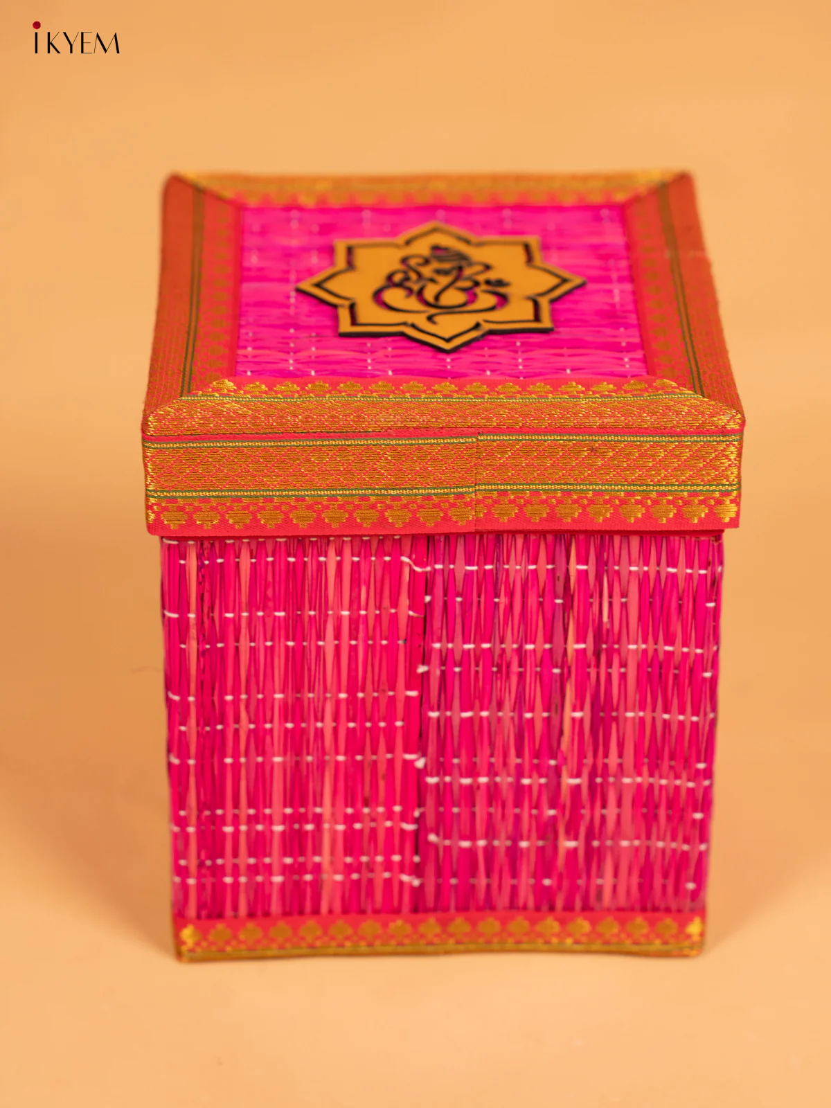Korai Gift Box with Net Potli with Ganesha Motif - 7 Inch- Pink - KB17146 - Image 4