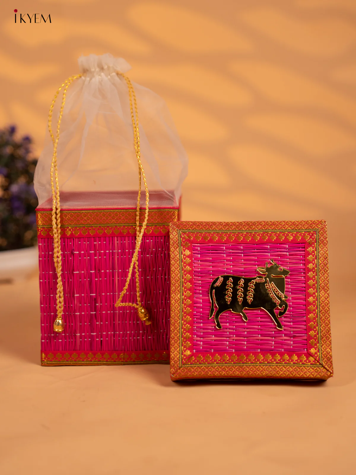 Korai Gift Box with Net Potli with Pichwai Motif - Pink - KB17147 - Image 2