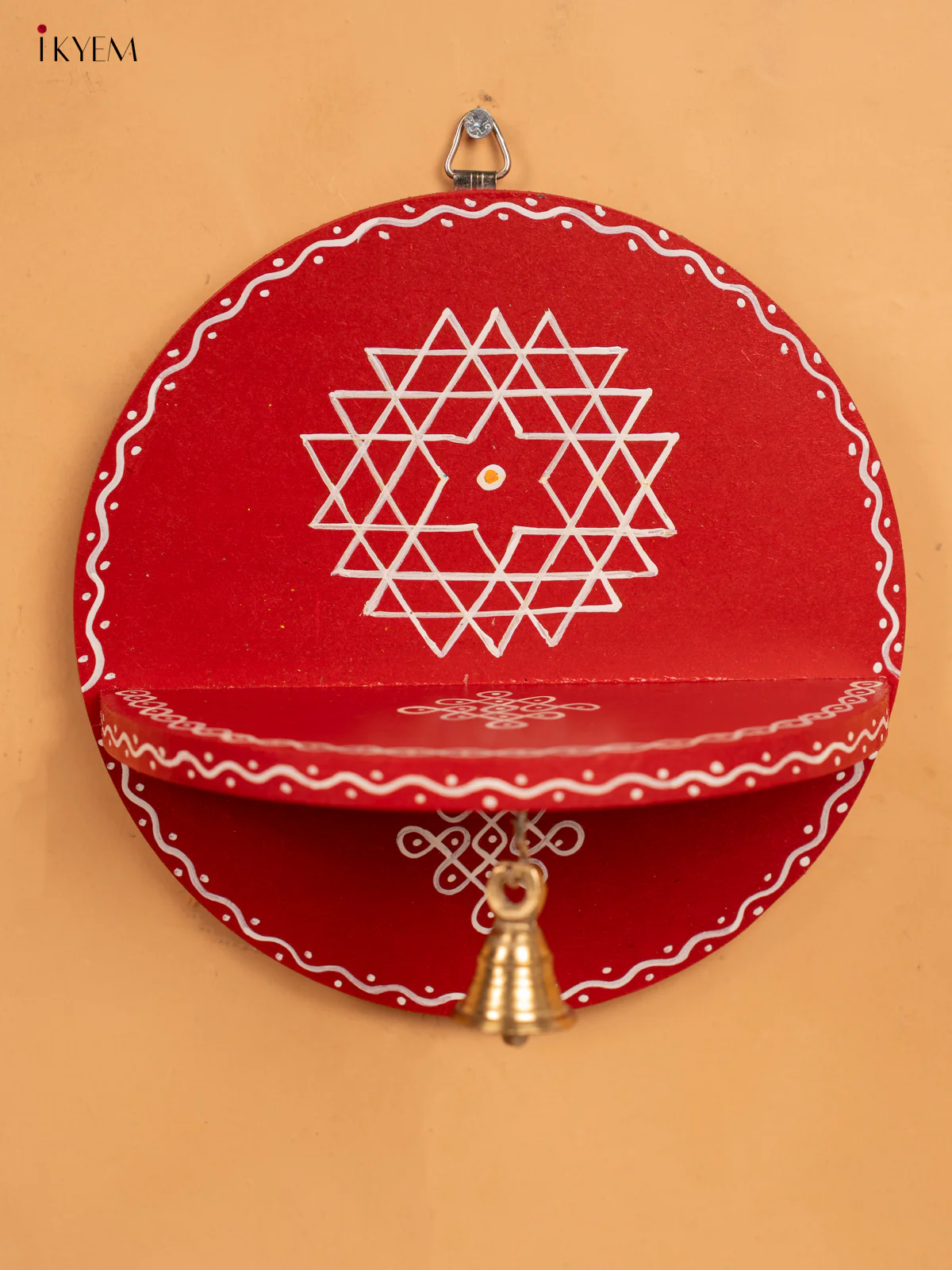 Hand Painted Round Wall Shelf with Brass Bell - Red - KB17157