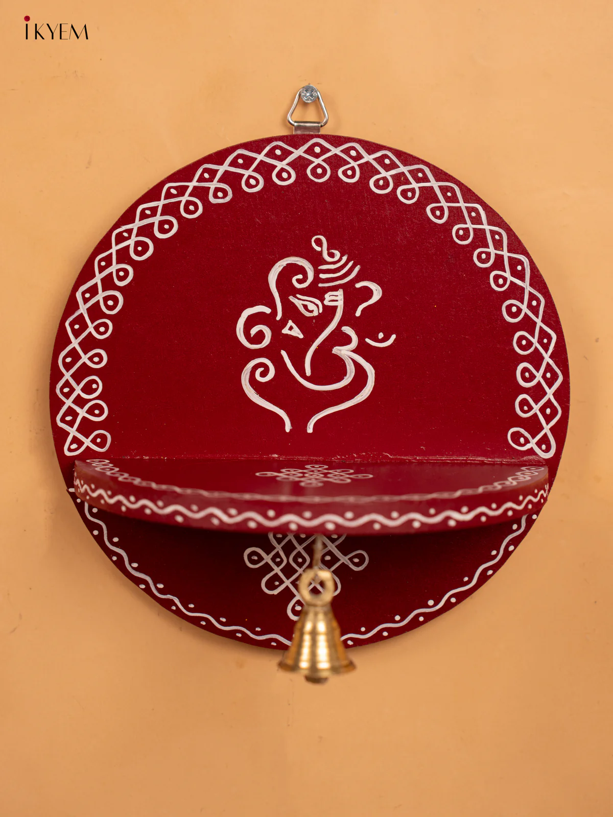 Hand Painted Round Wall Shelf with Brass Bell - Maroon - KB17158