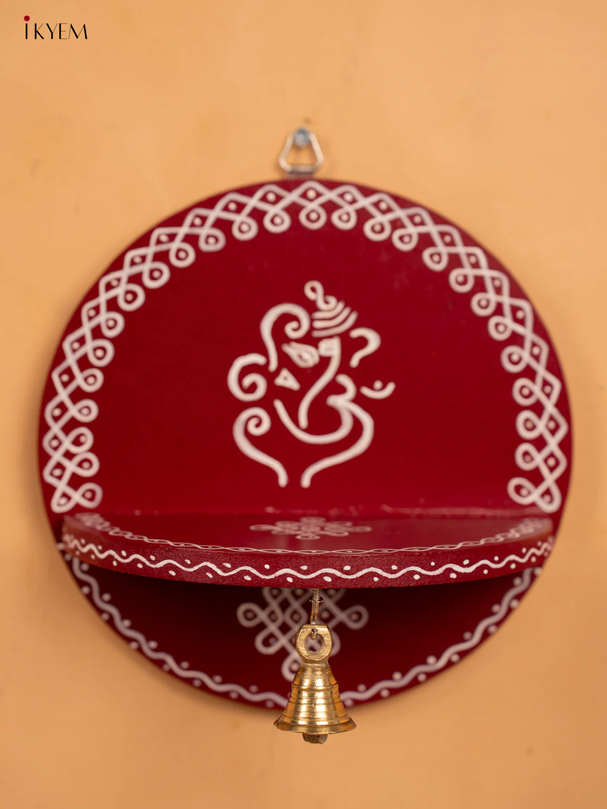 Hand Painted Round Wall Shelf with Brass Bell - Maroon - KB17158 - Image 2