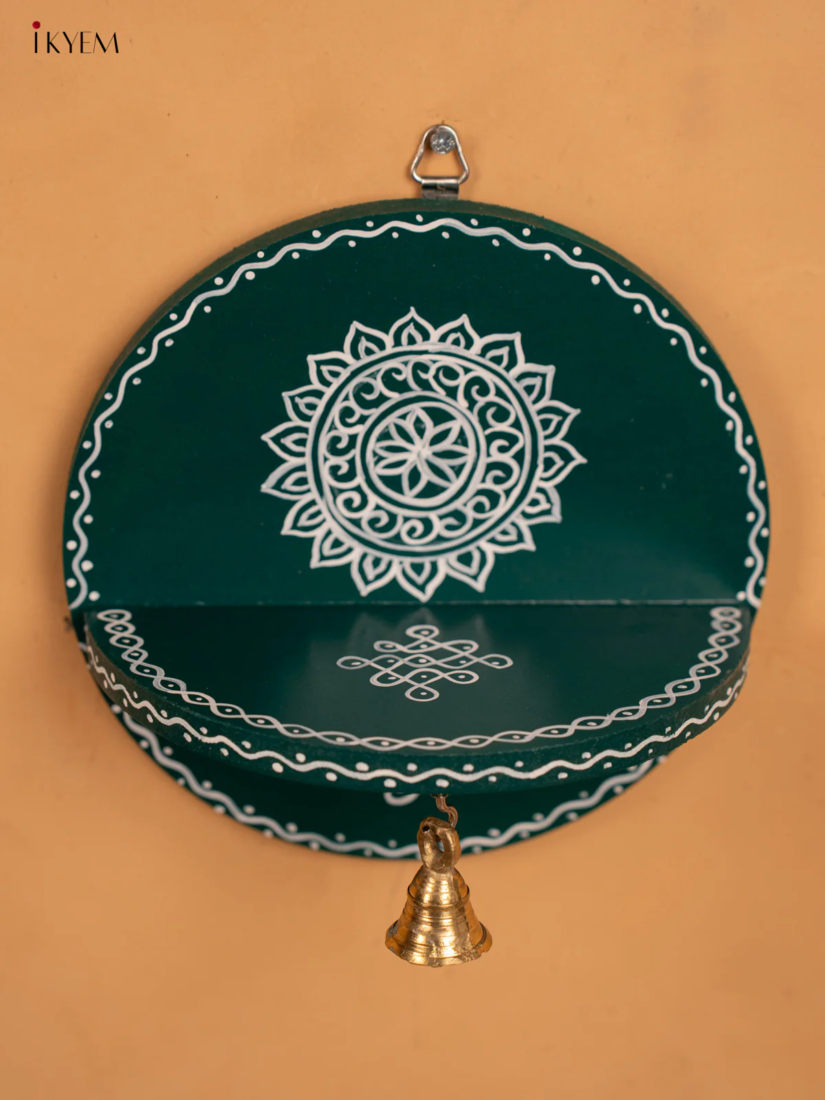 Hand Painted Round Wall Shelf with Brass Bell - Green - KB17160 - Image 2