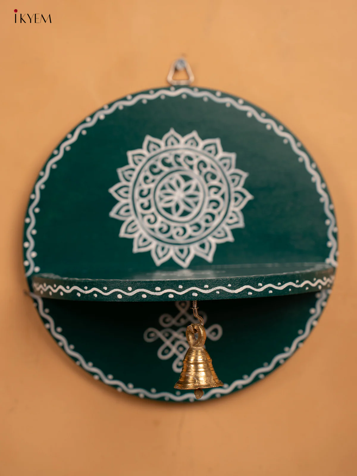 Hand Painted Round Wall Shelf with Brass Bell - Green - KB17160 - Image 3
