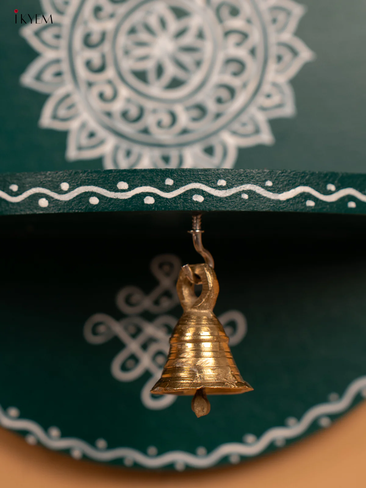Hand Painted Round Wall Shelf with Brass Bell - Green - KB17160 - Image 4