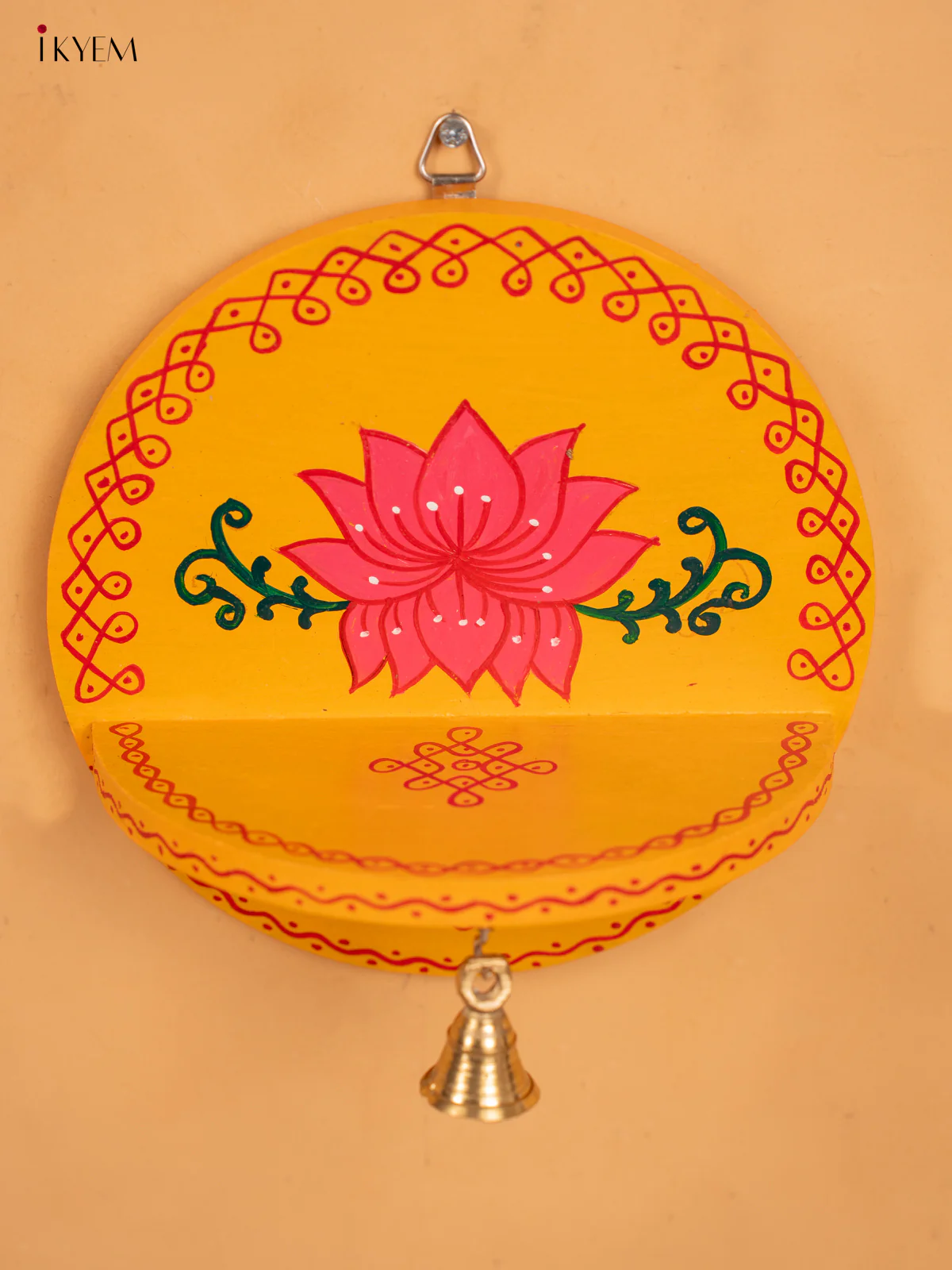 Hand Painted Round Wall Shelf with Brass Bell - Yellow - KB17161 - Image 2