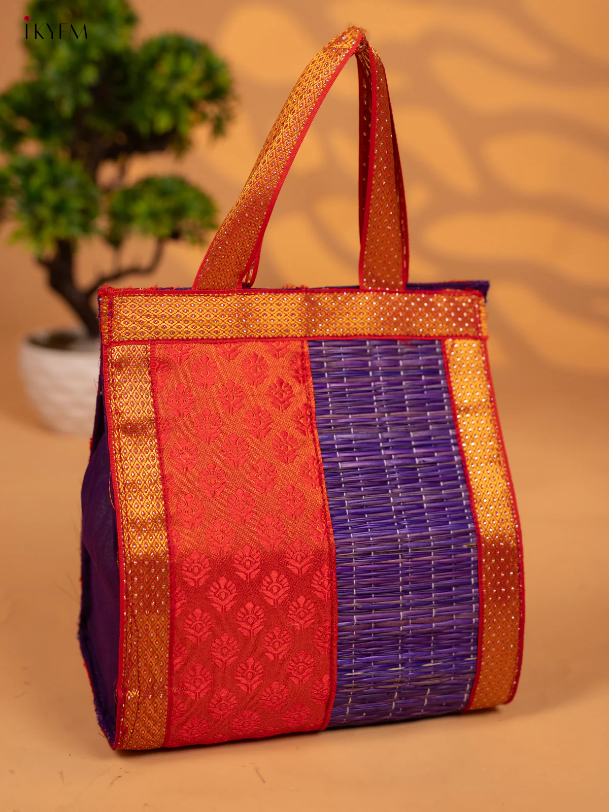 Half and Half Raw Silk with Korai Handbag 9 Inch- Red & Purple - KB17172 - Image 2