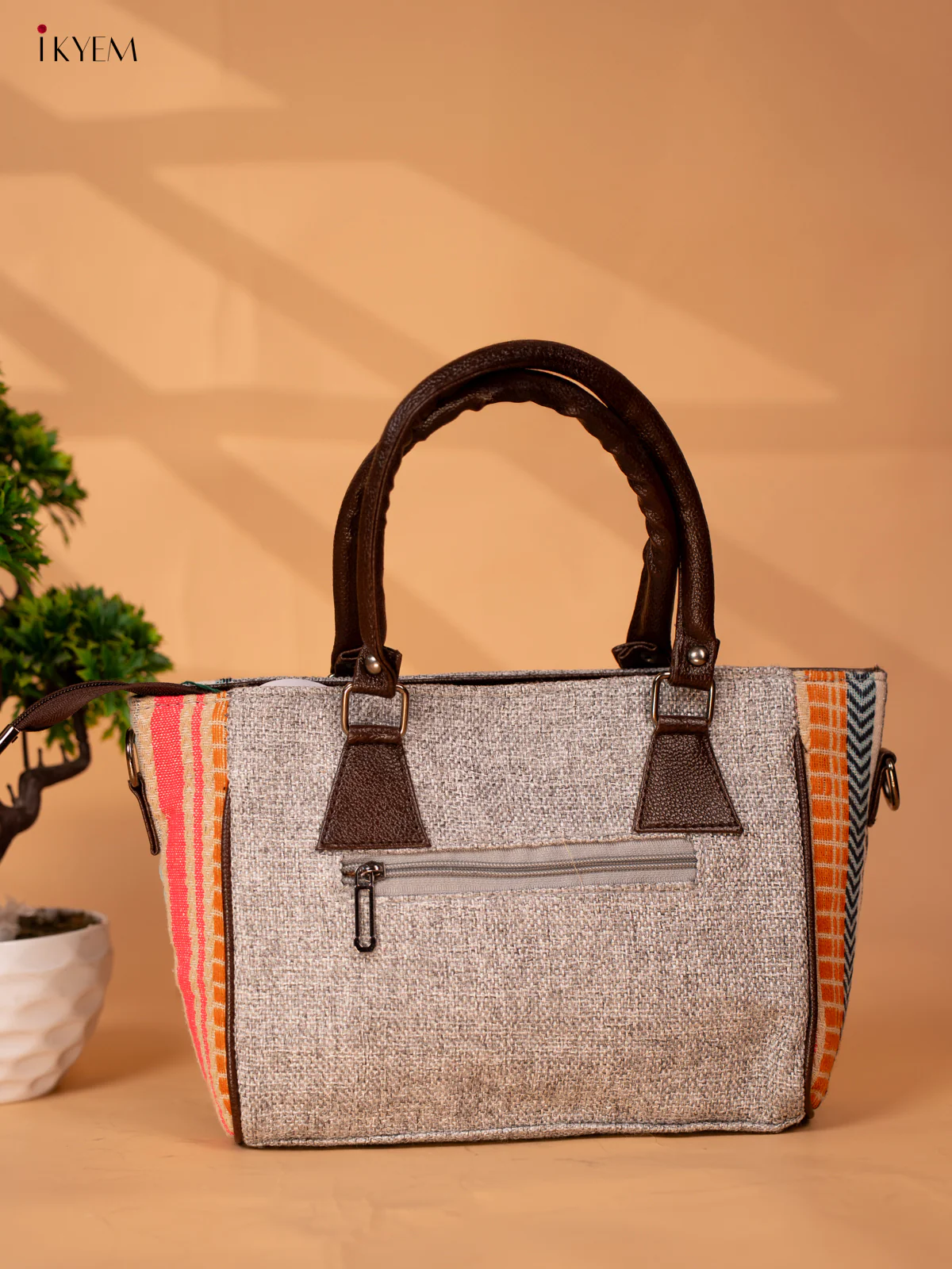 Jacquard Handbag with Leather sling - Grey - KB22111 - Image 3