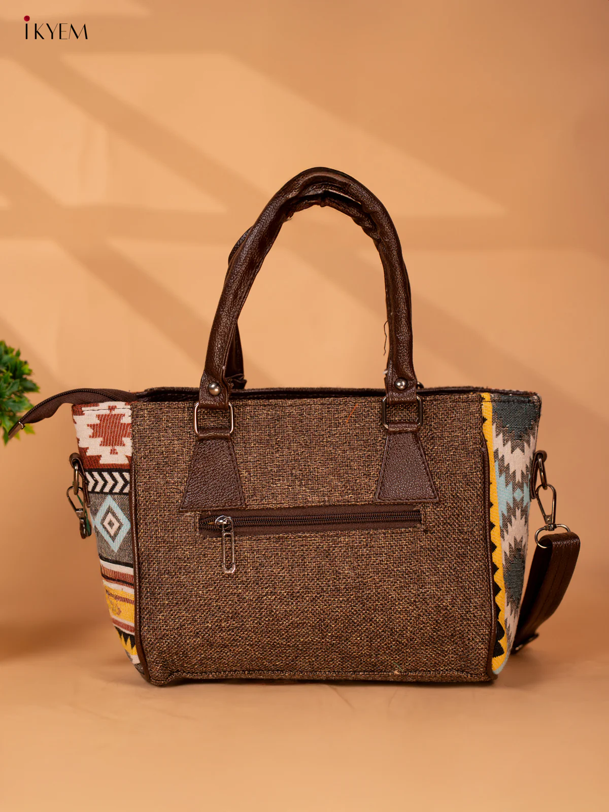 Jacquard Handbag with Leather sling - Brown - KB22113 - Image 3