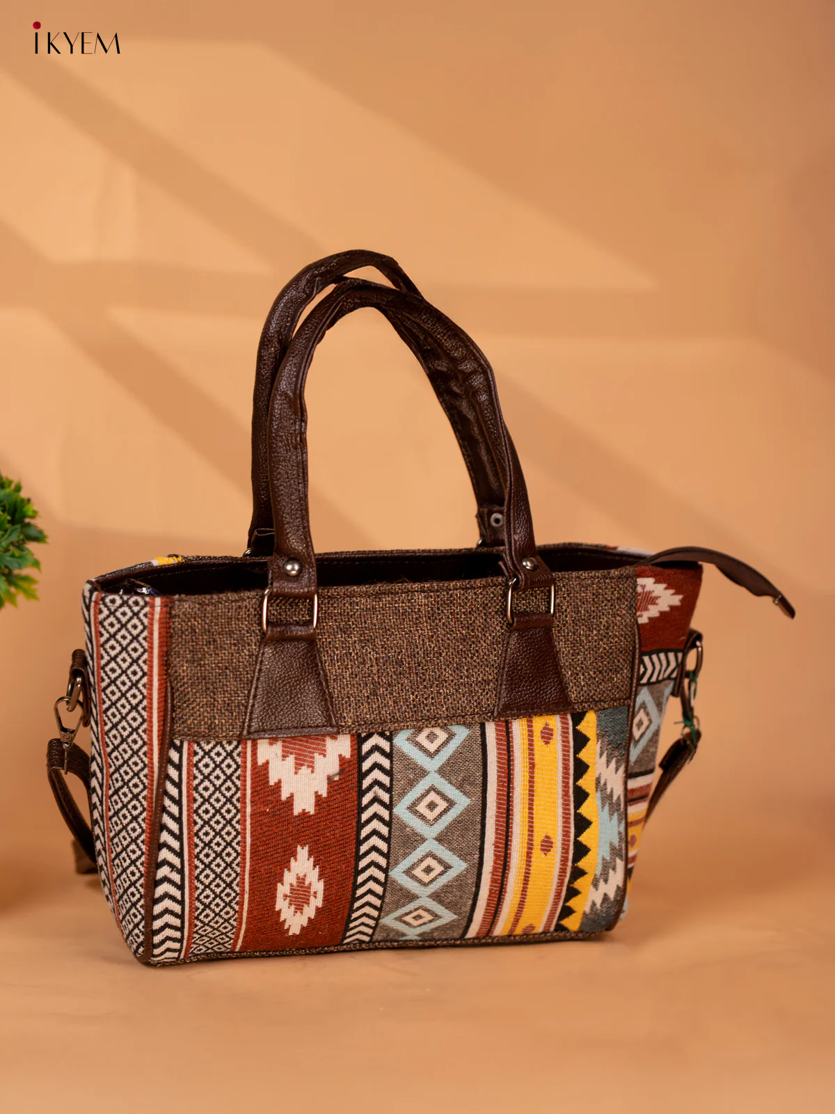 Jacquard Handbag with Leather sling - Brown - KB22113 - Image 4