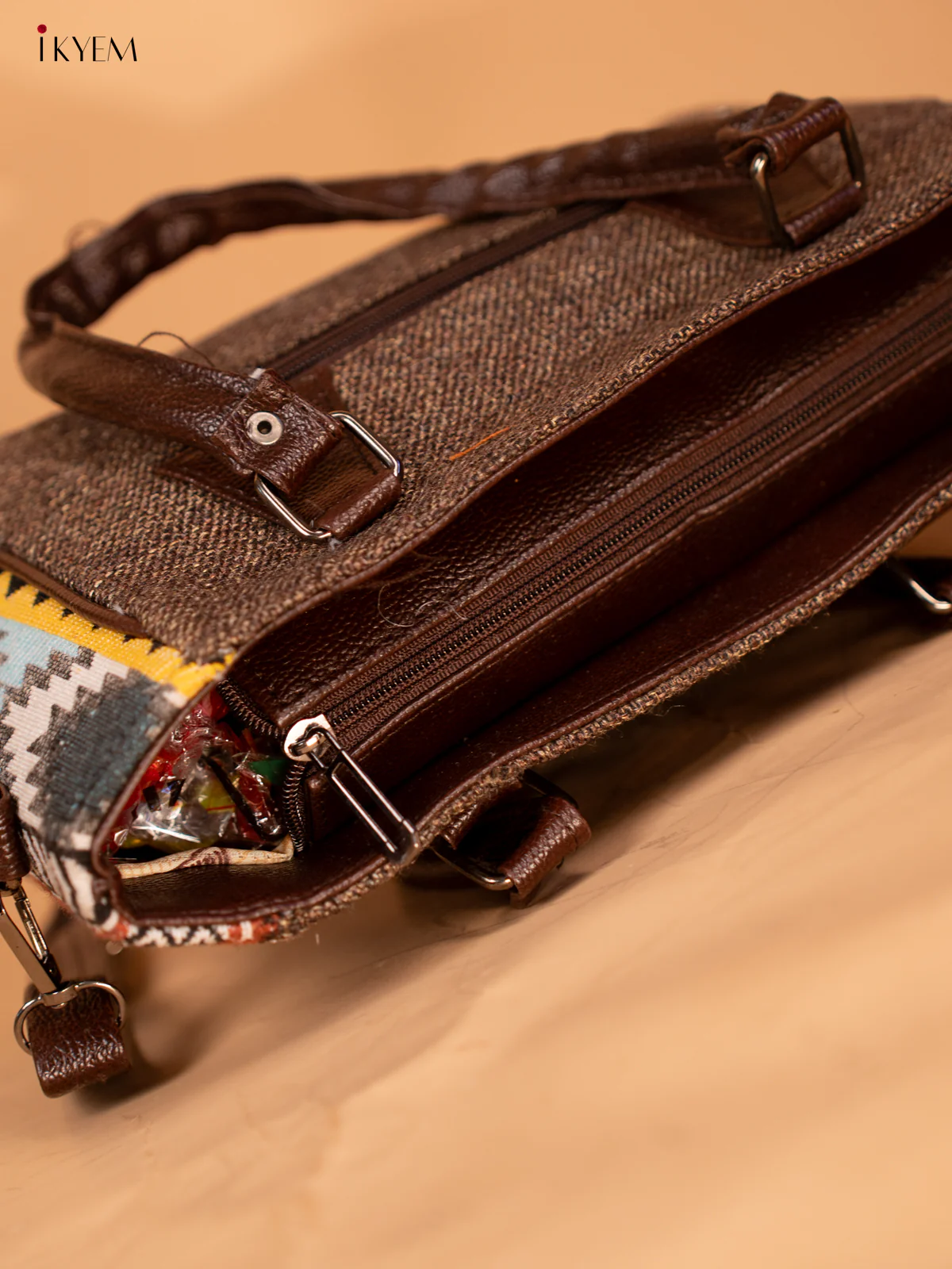 Jacquard Handbag with Leather sling - Brown - KB22113 - Image 5