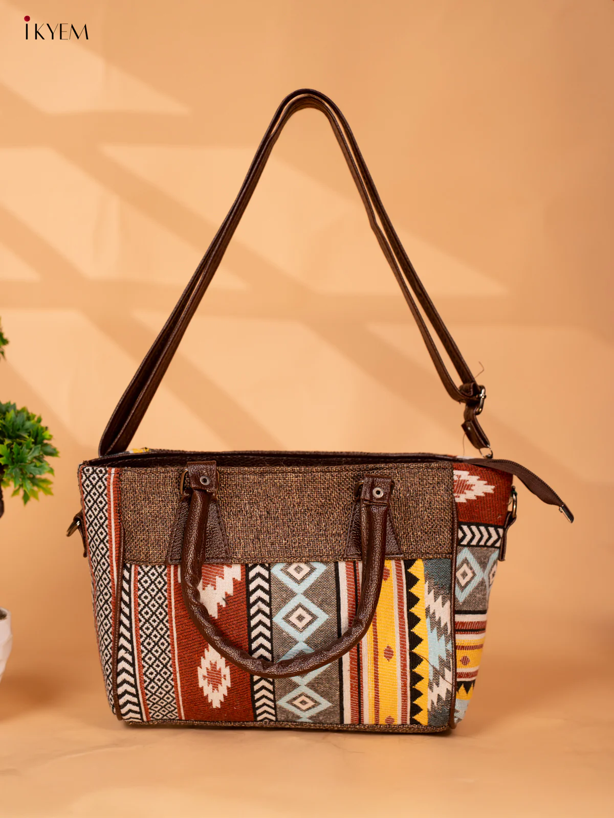Jacquard Handbag with Leather sling - Brown - KB22113 - Image 6
