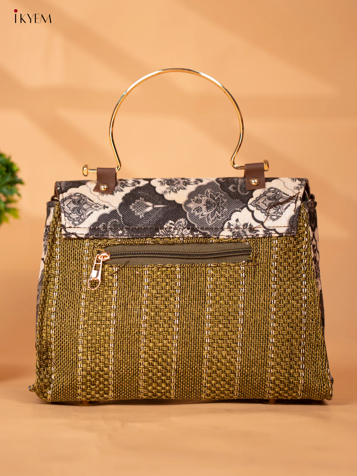 Jacquard Single hand Metal Handle Sling Bag - Green - KB22151 - Image 4