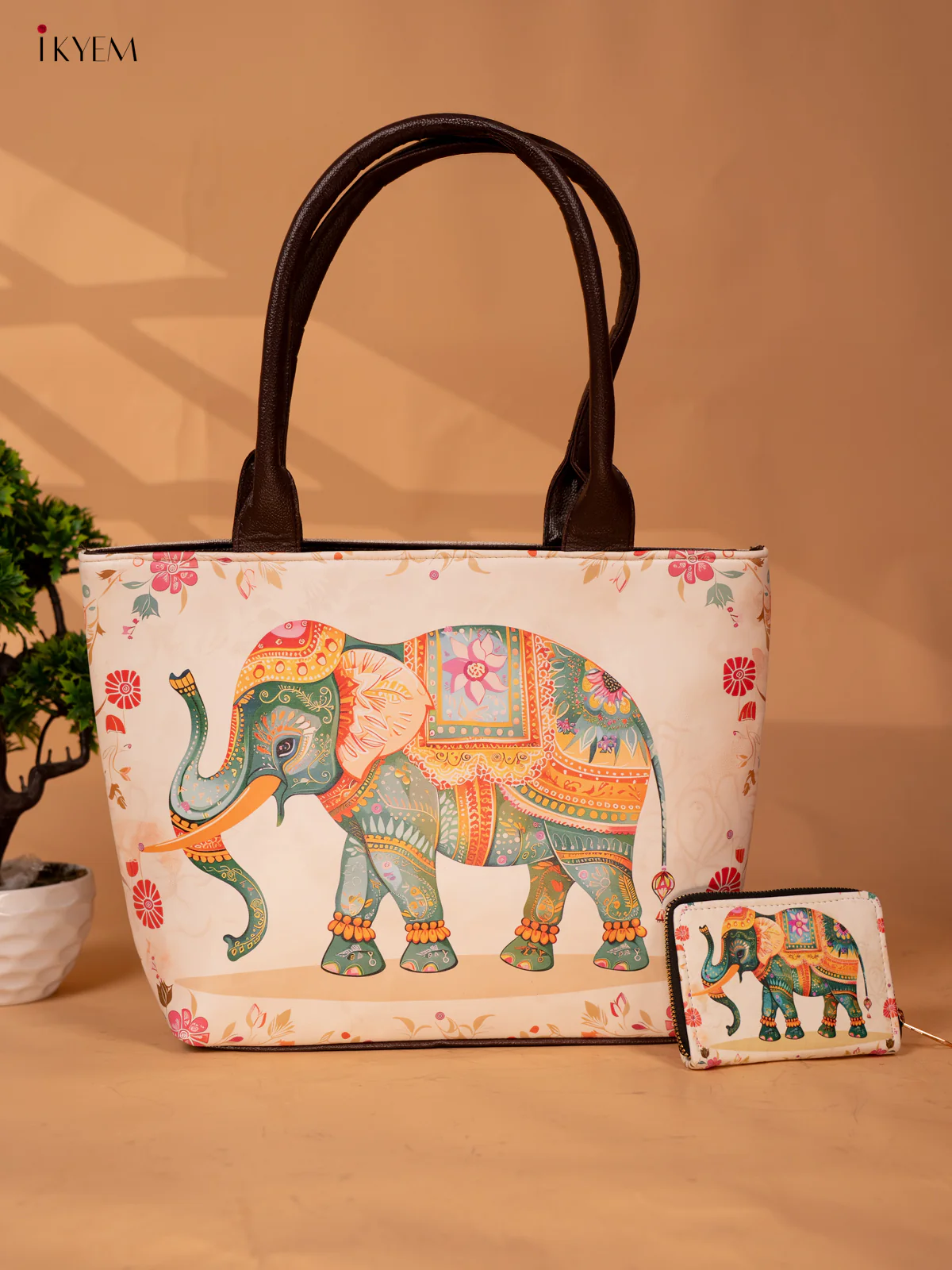 Printed Handbag with Small Wallet Elephant - Green - KB22167 - Image 2
