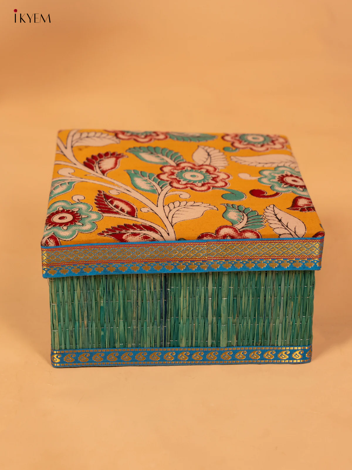 Foldable Korai Box with Kalamkari Fabric Top (8×4)- Blue - KB26114