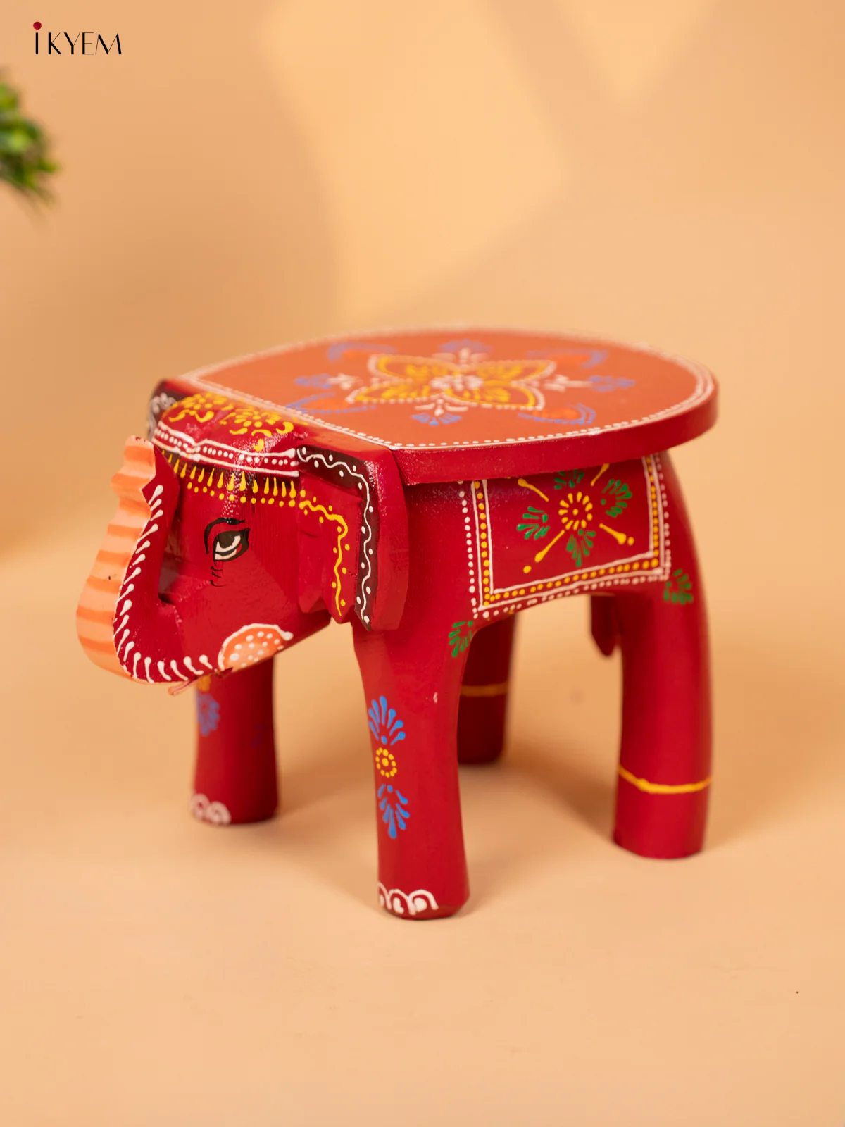 Wooden Hand Painted Elephant Stool -Red - 6 Inch - KB26116 - Image 2