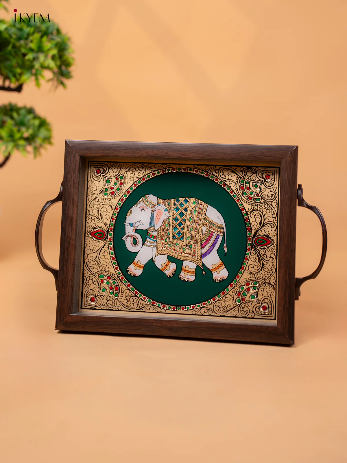 Reverse Glass Painted Tray - Green Elephant (11 x 7) - KC04111 - Image 3