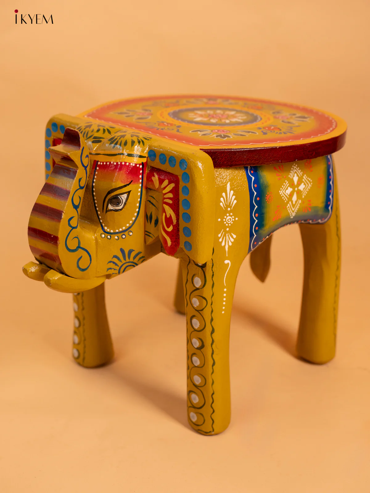 Wooden Hand Painted Elephant Stool Distressed Green - 12 Inch - KC06119 - Image 2