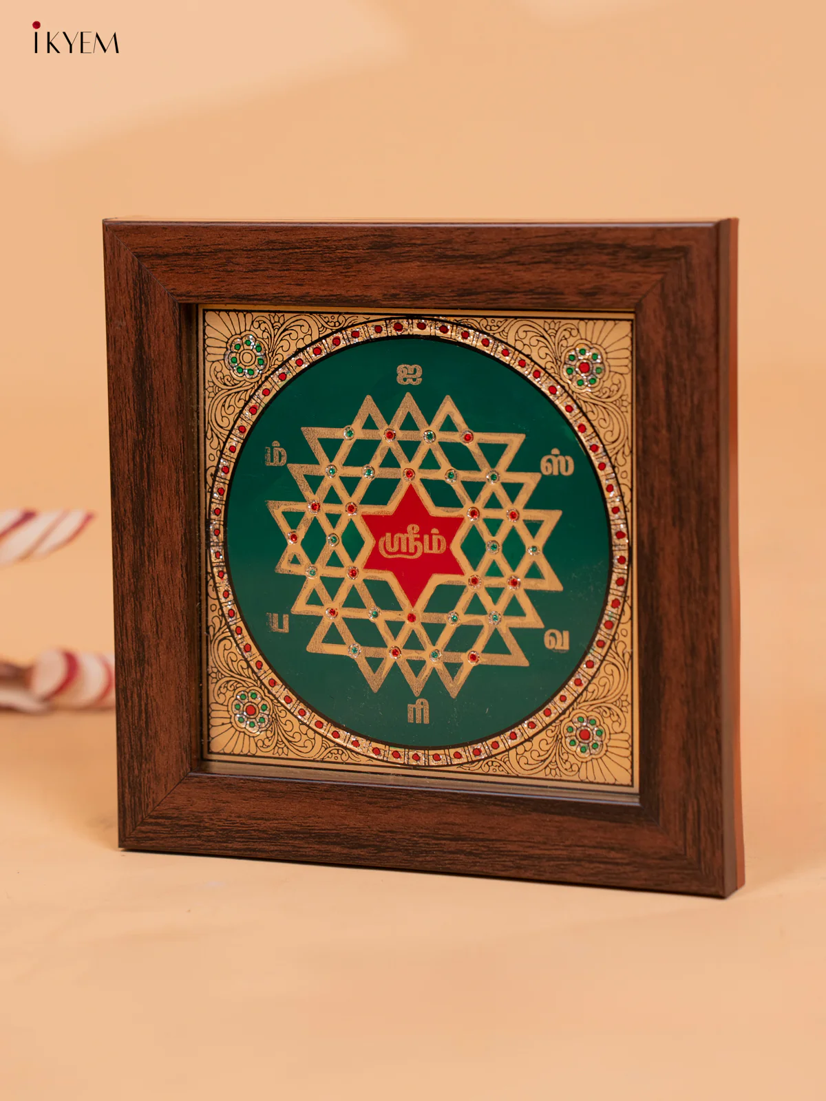 Reverse Glass Painted Manai - Aishwarya Kolam -(6x6) - Green & red - KC06127 - Image 2