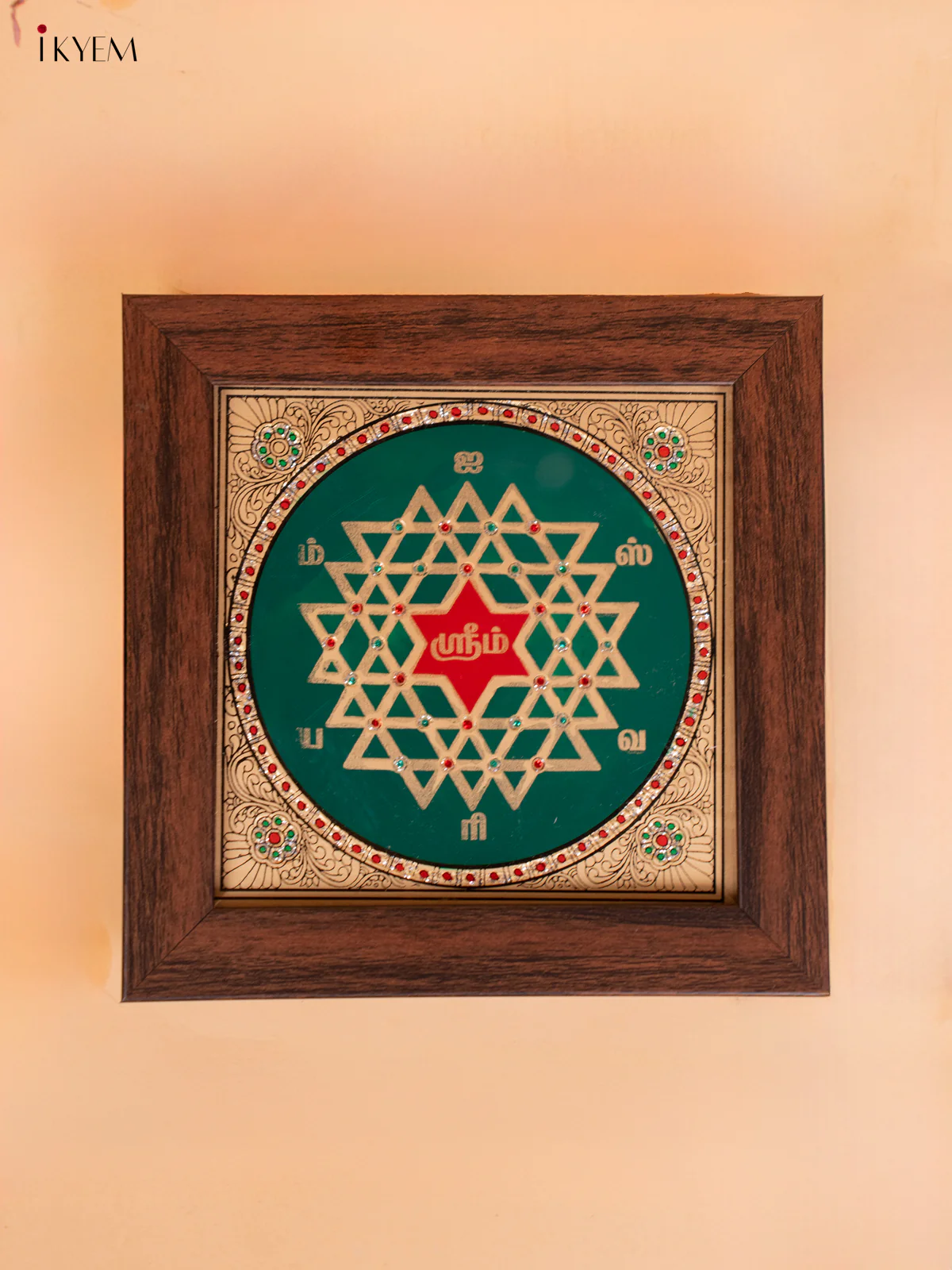 Reverse Glass Painted Manai - Aishwarya Kolam -(6x6) - Green & red - KC06127 - Image 3
