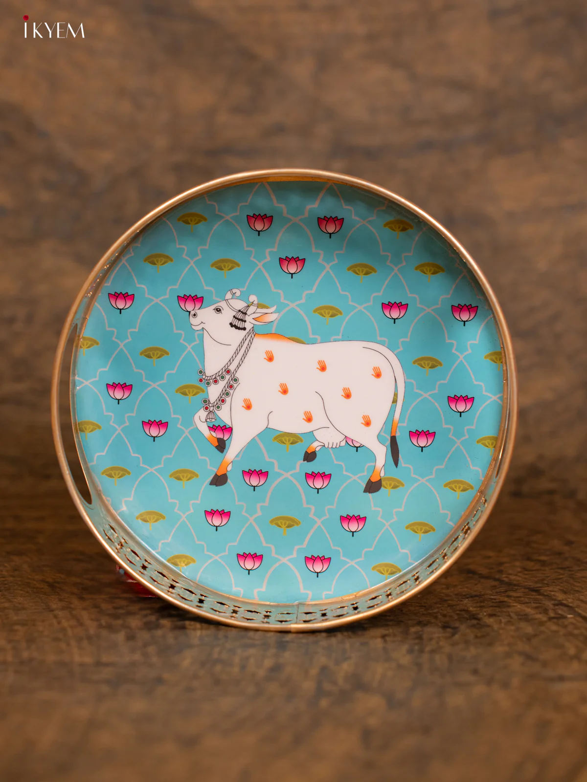 Metal Digital Printed Pichwai Round Thambulam tray - Teal Green - (8 ×8) - KC12131