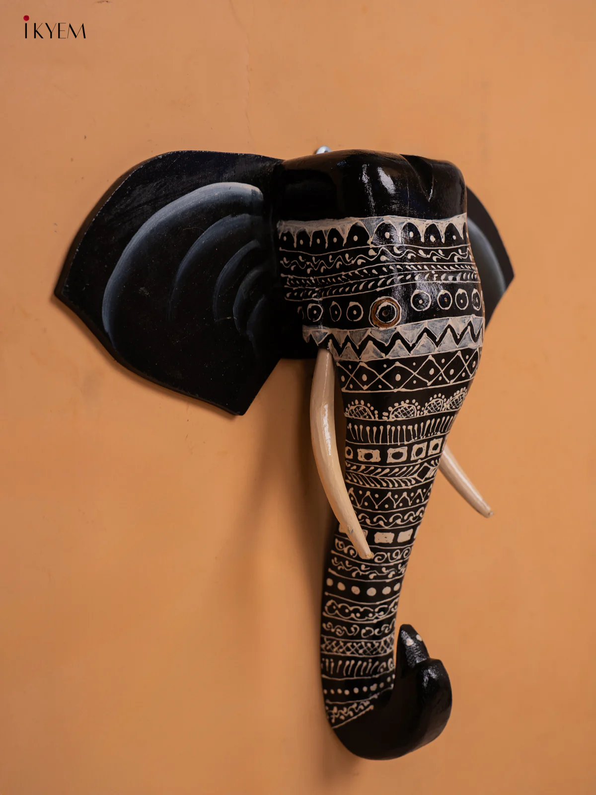 Wooden Hand Painted Elephant Head with Trunk black with white- 15 Inch -KC13120 - Image 4