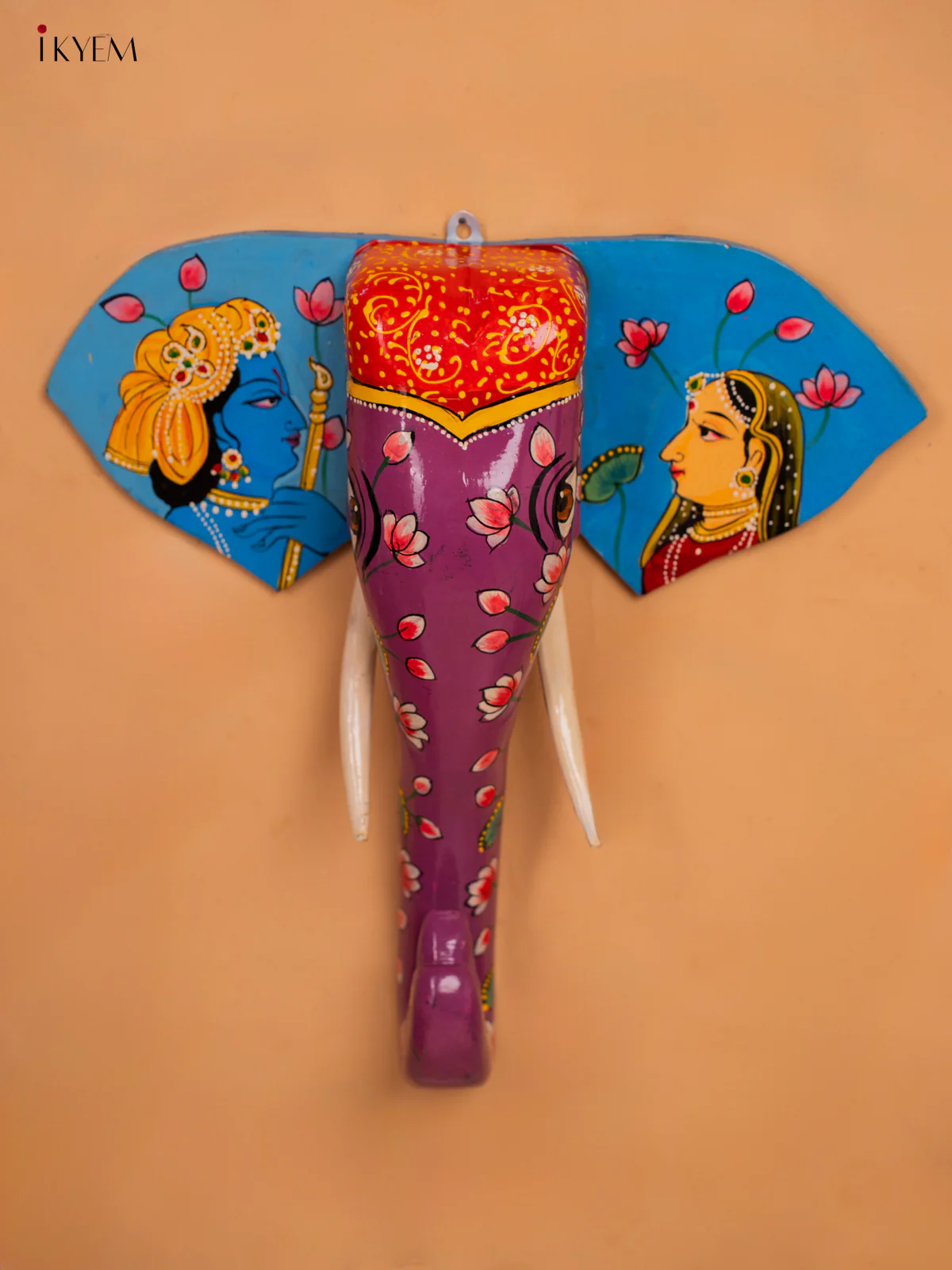 wooden hand painted elephant head with trunk violet - 15 Inch - KC13121 - Image 5
