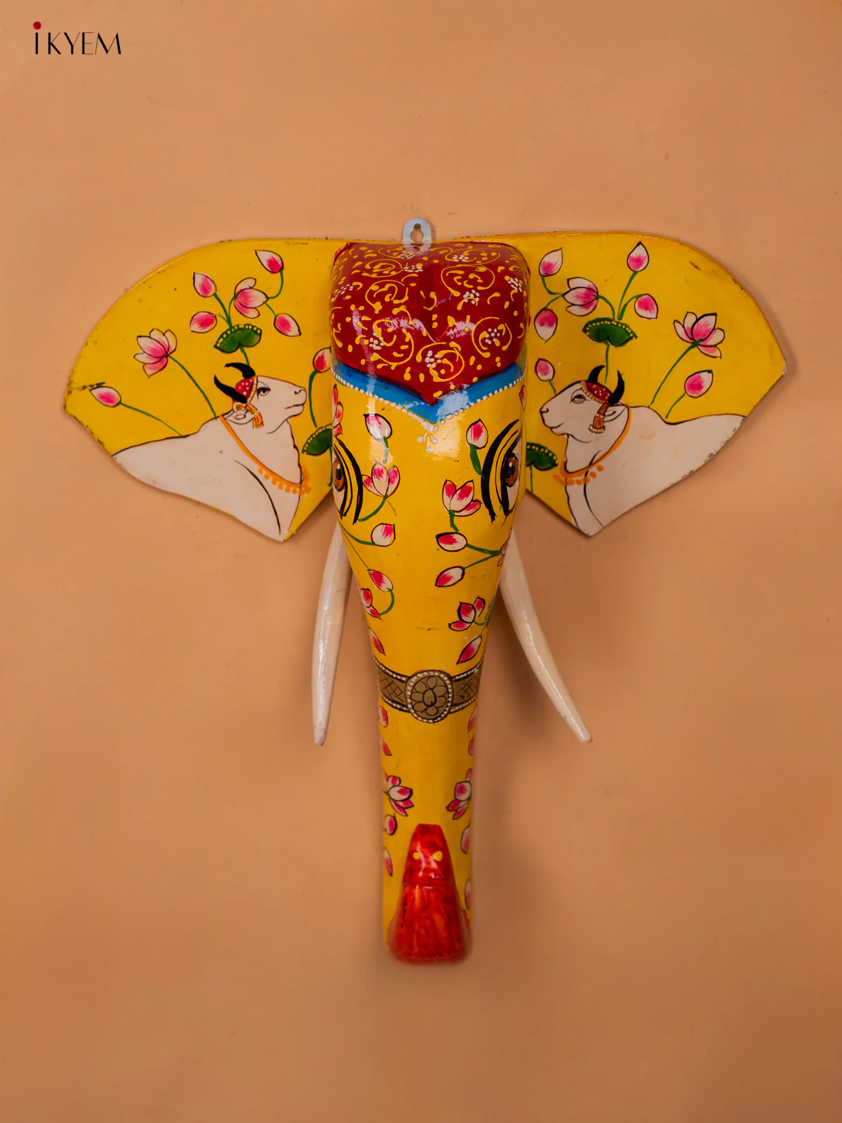 wooden hand painted elephant head with trunk yellow with red- pichwai - 15 Inch - KC13122
