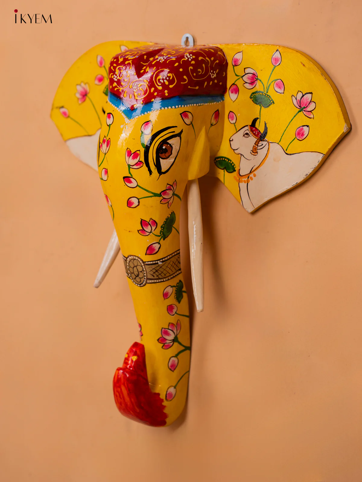 wooden hand painted elephant head with trunk yellow with red- pichwai - 15 Inch - KC13122 - Image 3