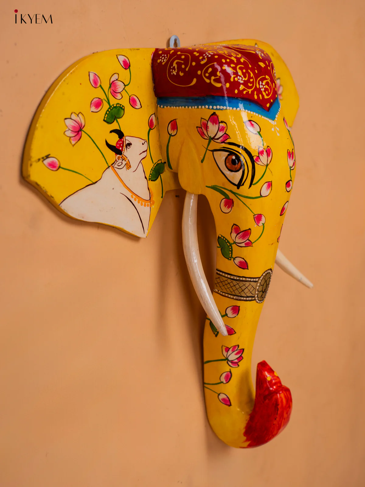 wooden hand painted elephant head with trunk yellow with red- pichwai - 15 Inch - KC13122 - Image 4