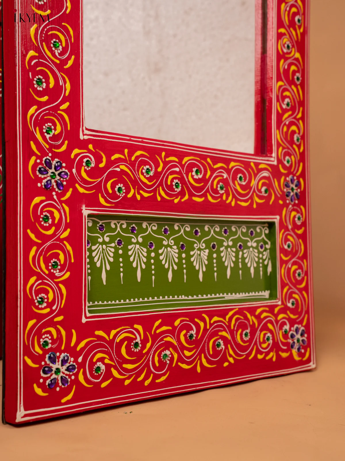 Wooden hand Painted Jharokha Mirror - red-KC20160 - Image 5