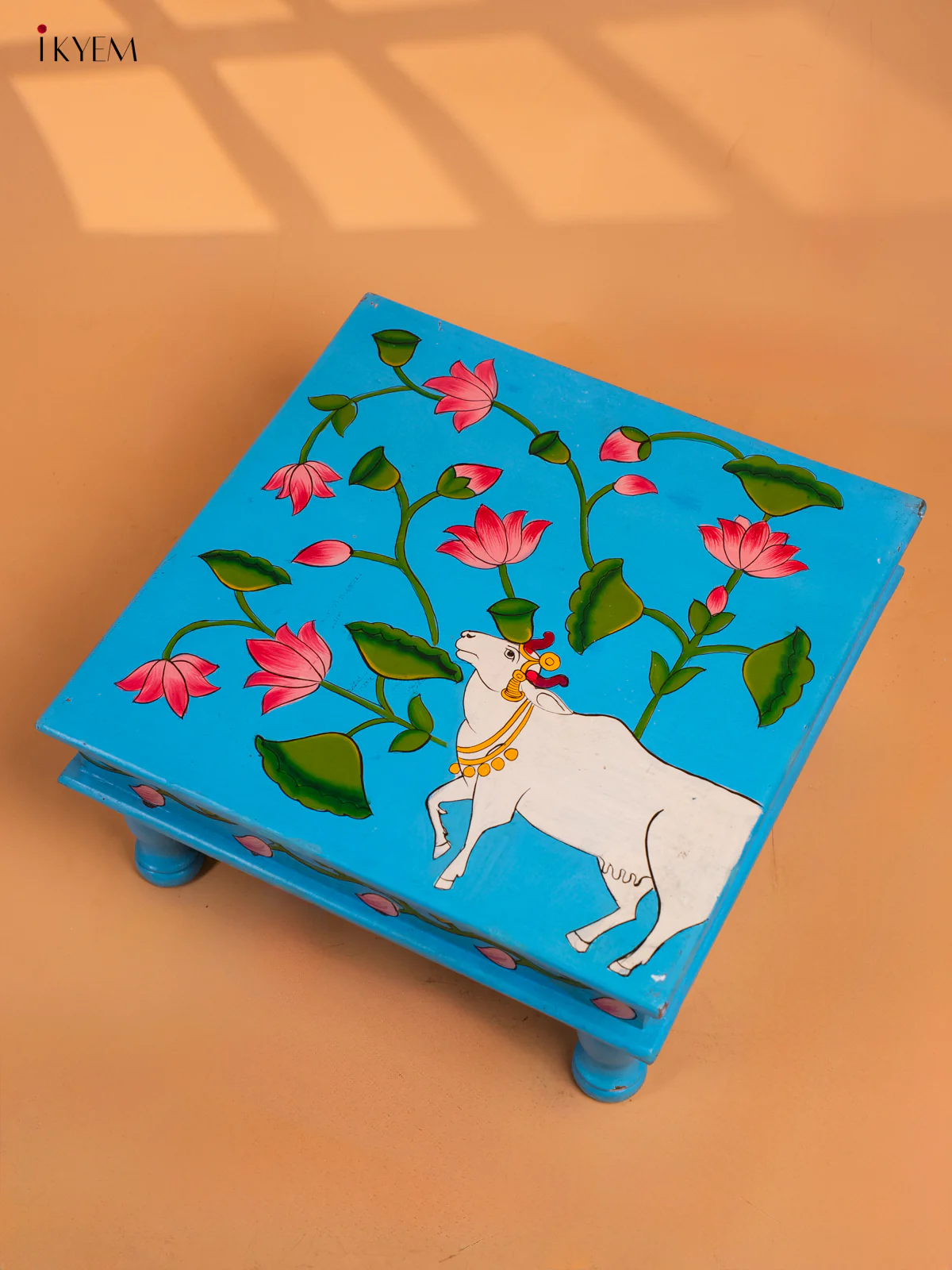Wooden Hand painted Chowki - Cow Blue (15×15)-KC29139 - Image 2