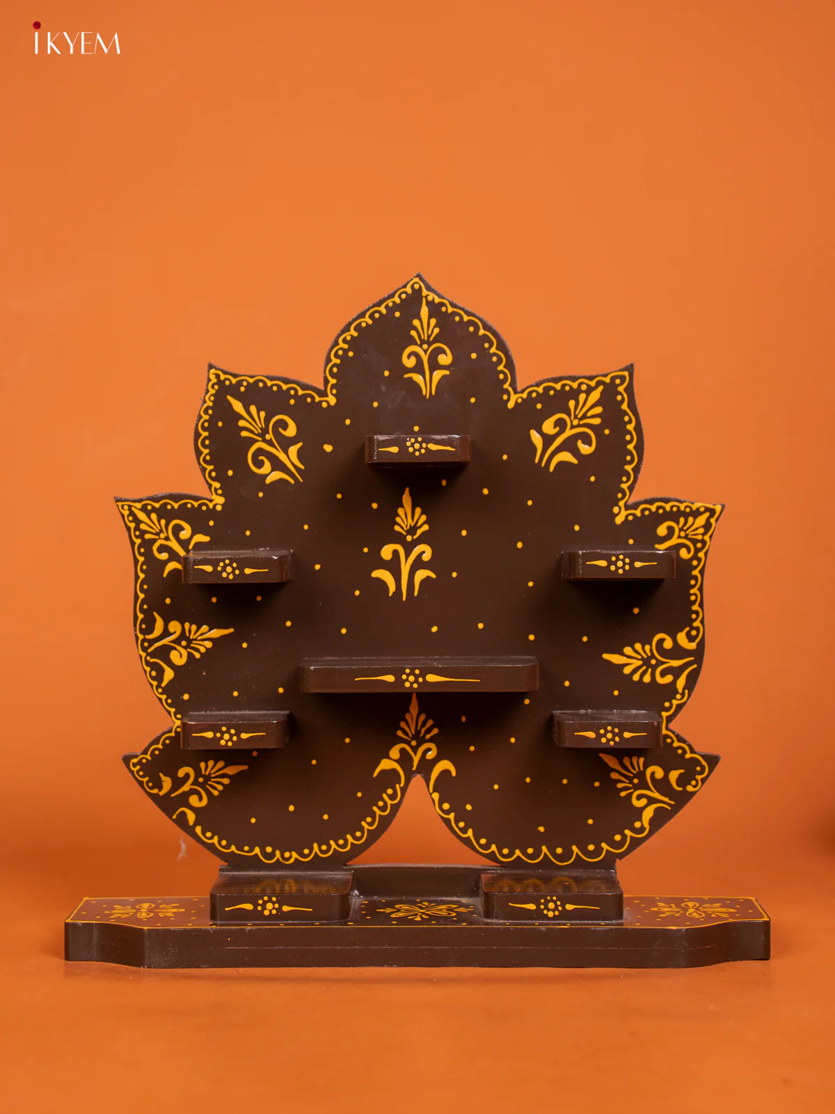 Lotus Wooden Hand Painted Wall Shelf - Brown - KD01123