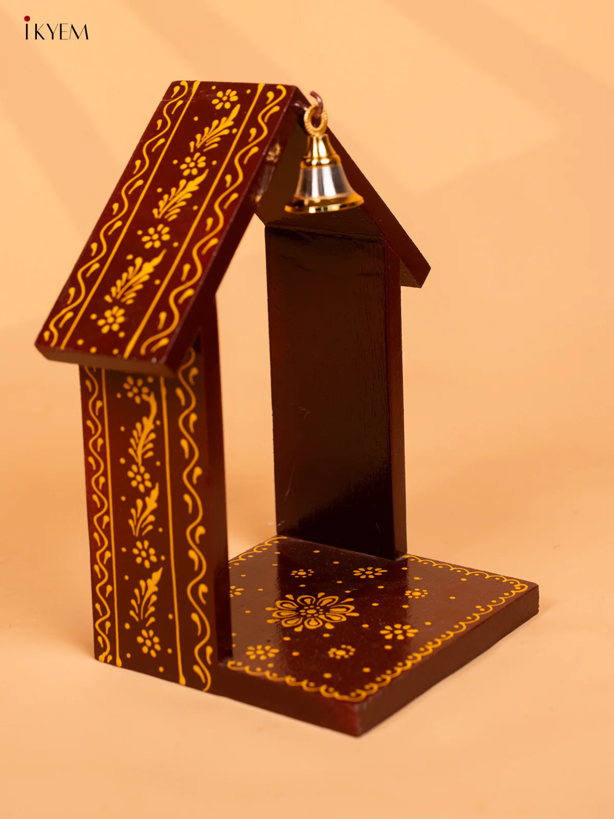 Wooden Hand Painted Vilakku Maadam with Bell - 11 Inch - Maroon - KD01130 - Image 3