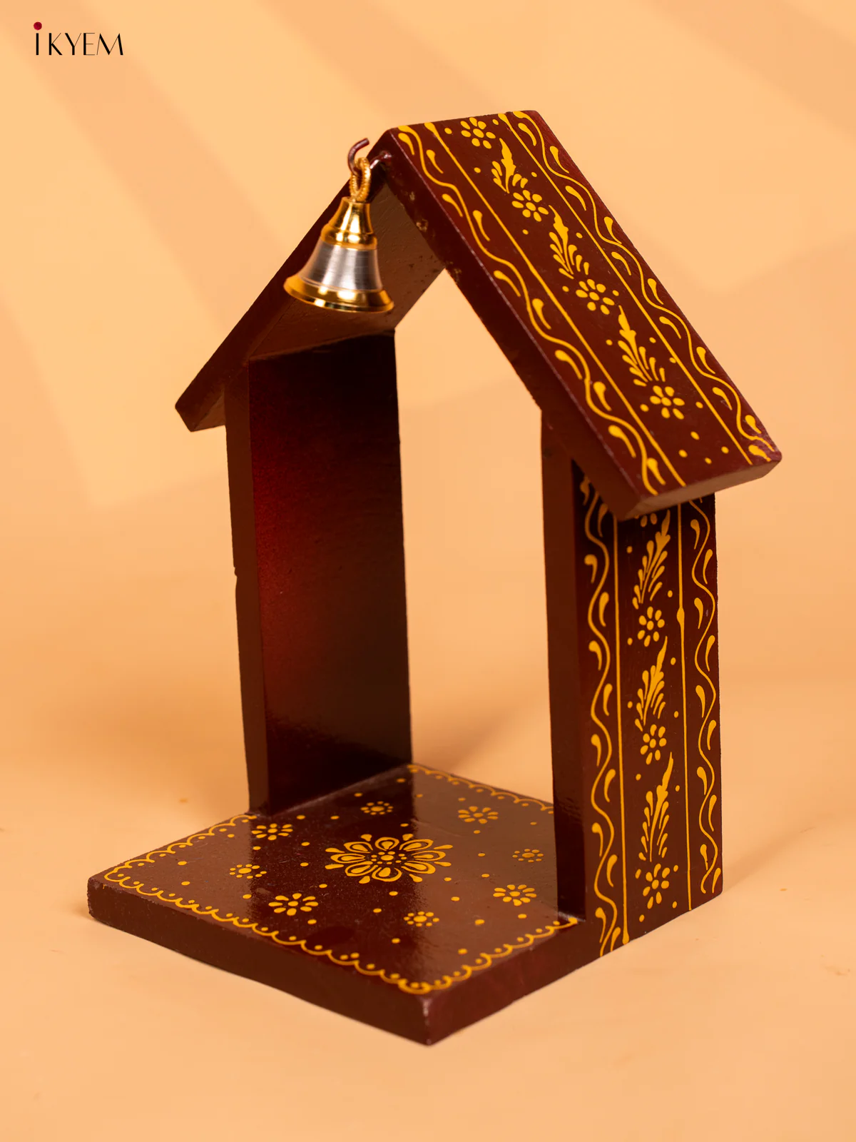 Wooden Hand Painted Vilakku Maadam with Bell - 11 Inch - Maroon - KD01130 - Image 4