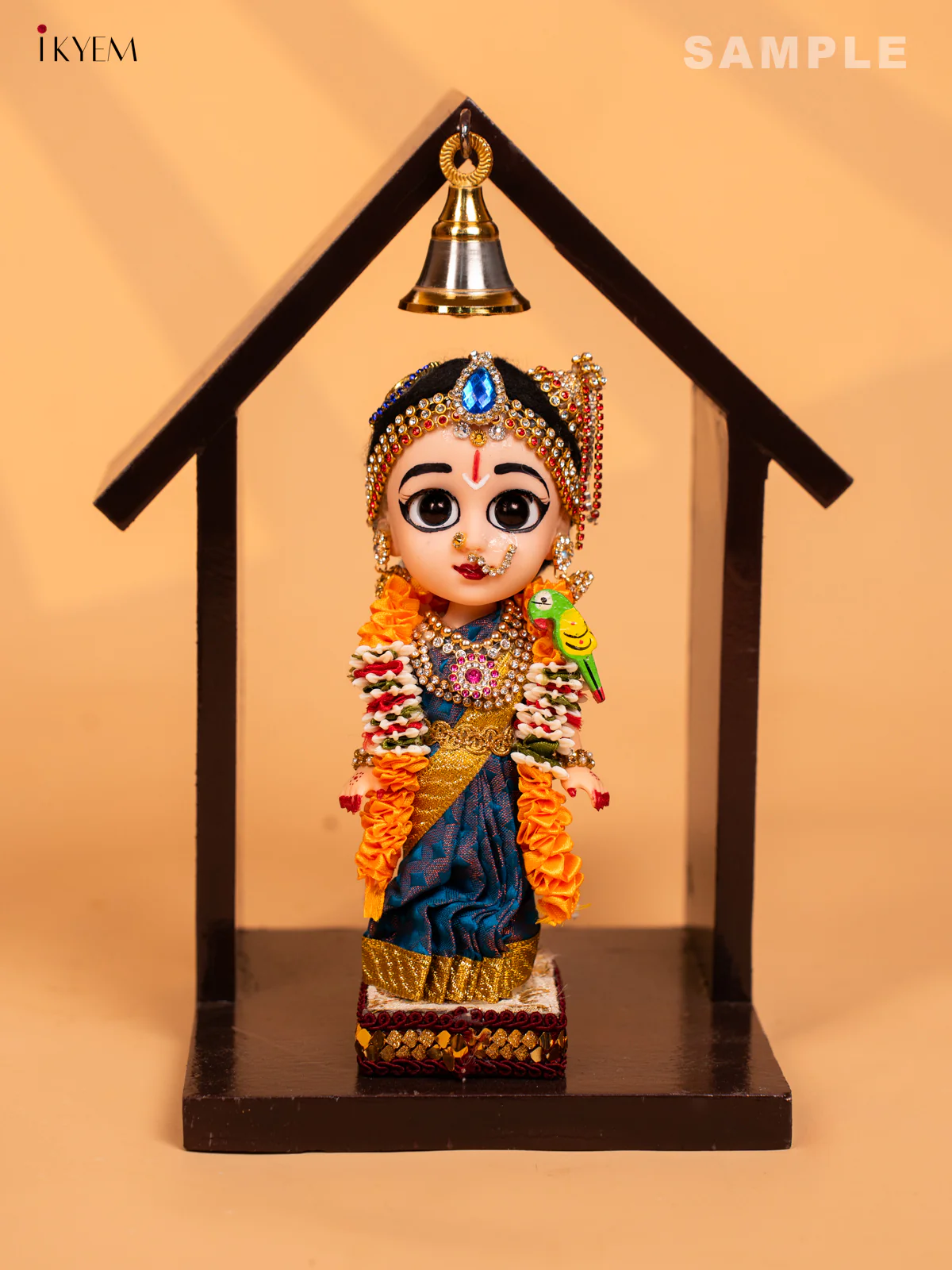 Wooden Vilakku Maadam with Bell - 8 Inch - Brown - KD01133 - Image 2
