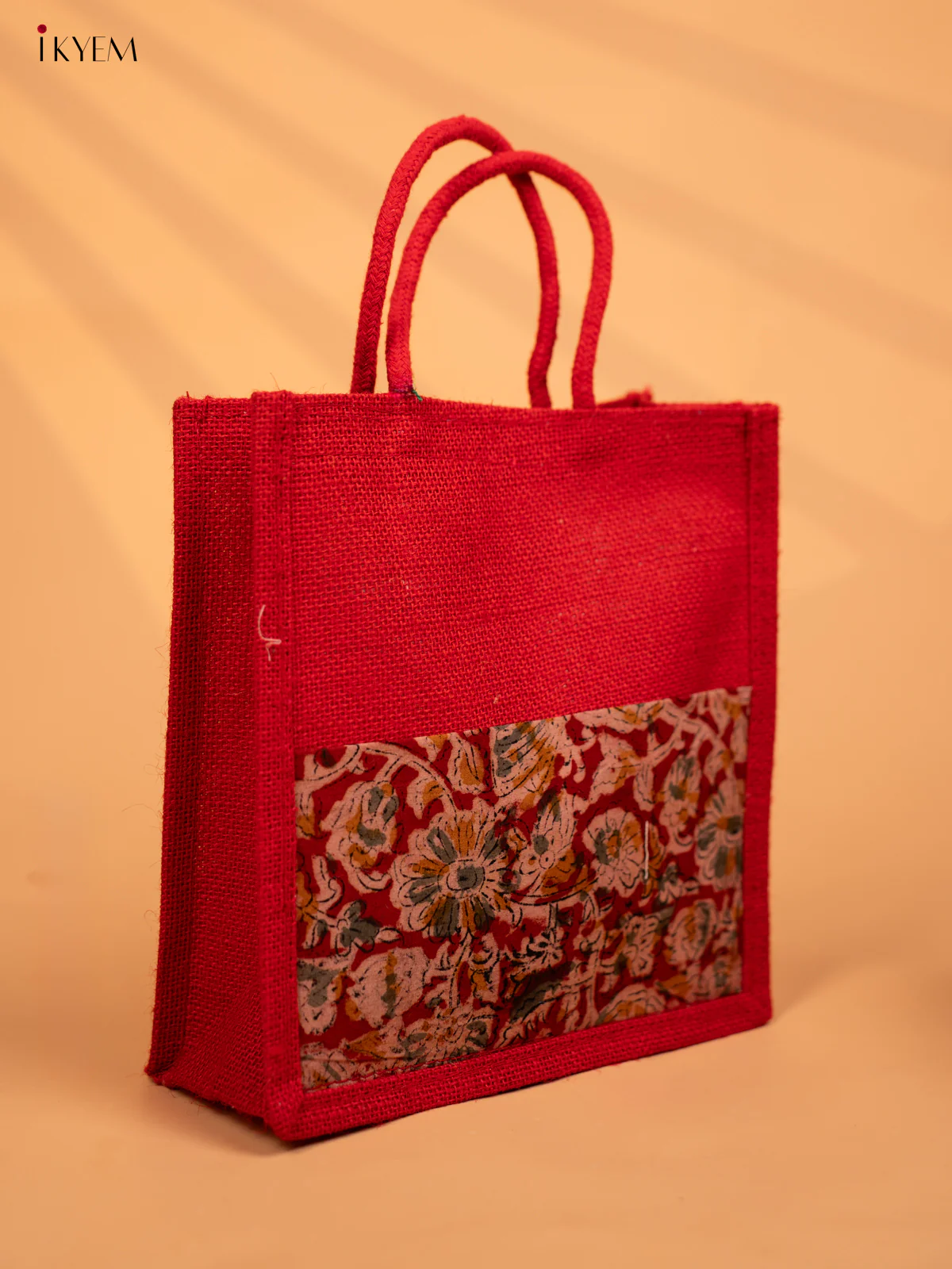 Stunning Red Half & Half Kalamkari Jute Bag with Rope Handles - KD04132 - Image 2