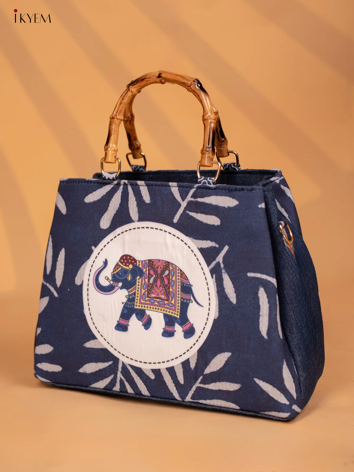 Jacquard Printed Elephant Handbag Single Hand Wooden Handle Handbag - Indigo Blue - KD05114 - Image 2