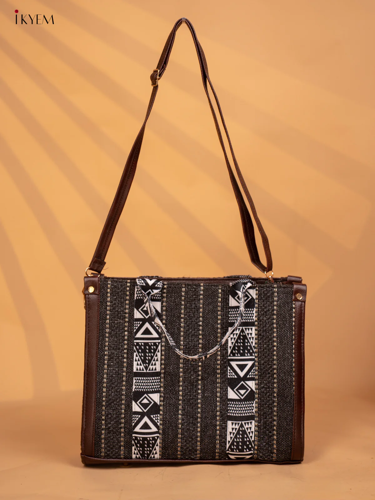 Jacquard Handbag Leather sling with Geometric Printed Sling - Black with White - KD05124 - Image 3