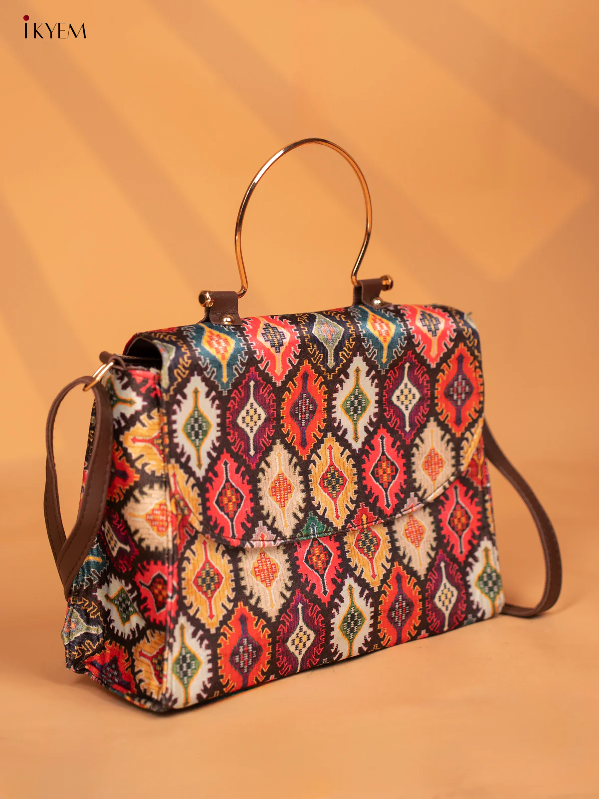 Printed Ikat Design Metal Handle with leather Sling Bag - Multi colour - KD05144 - Image 4