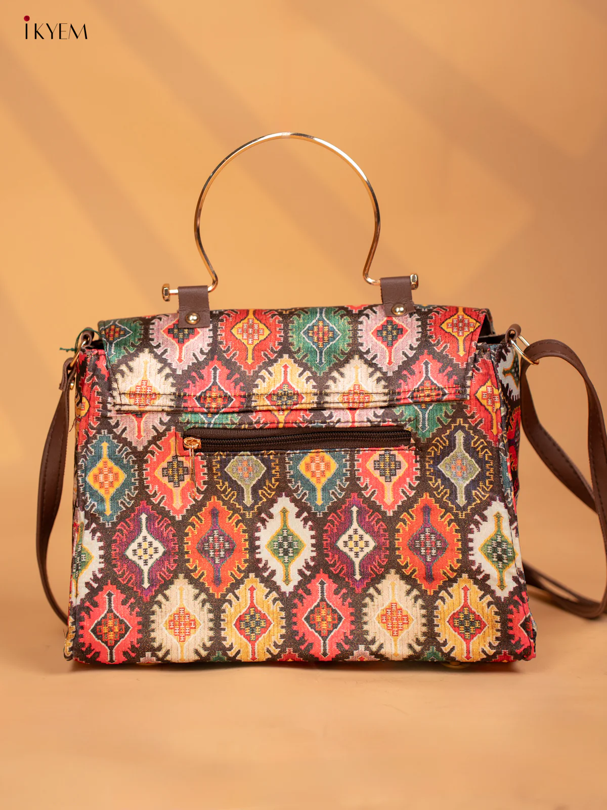 Printed Ikat Design Metal Handle with leather Sling Bag - Multi colour - KD05144 - Image 5