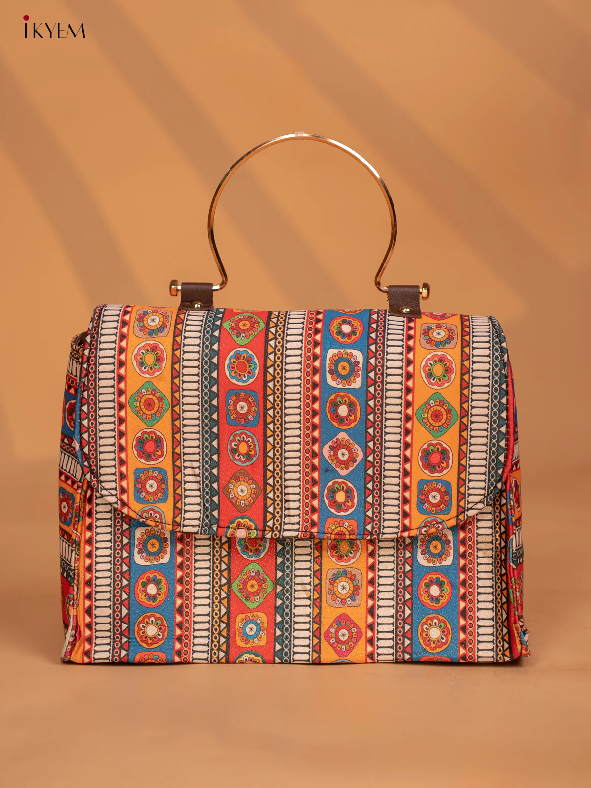 Printed Mandala Art Metal Handle with leather Sling Bag - Multi Colour - KD05145