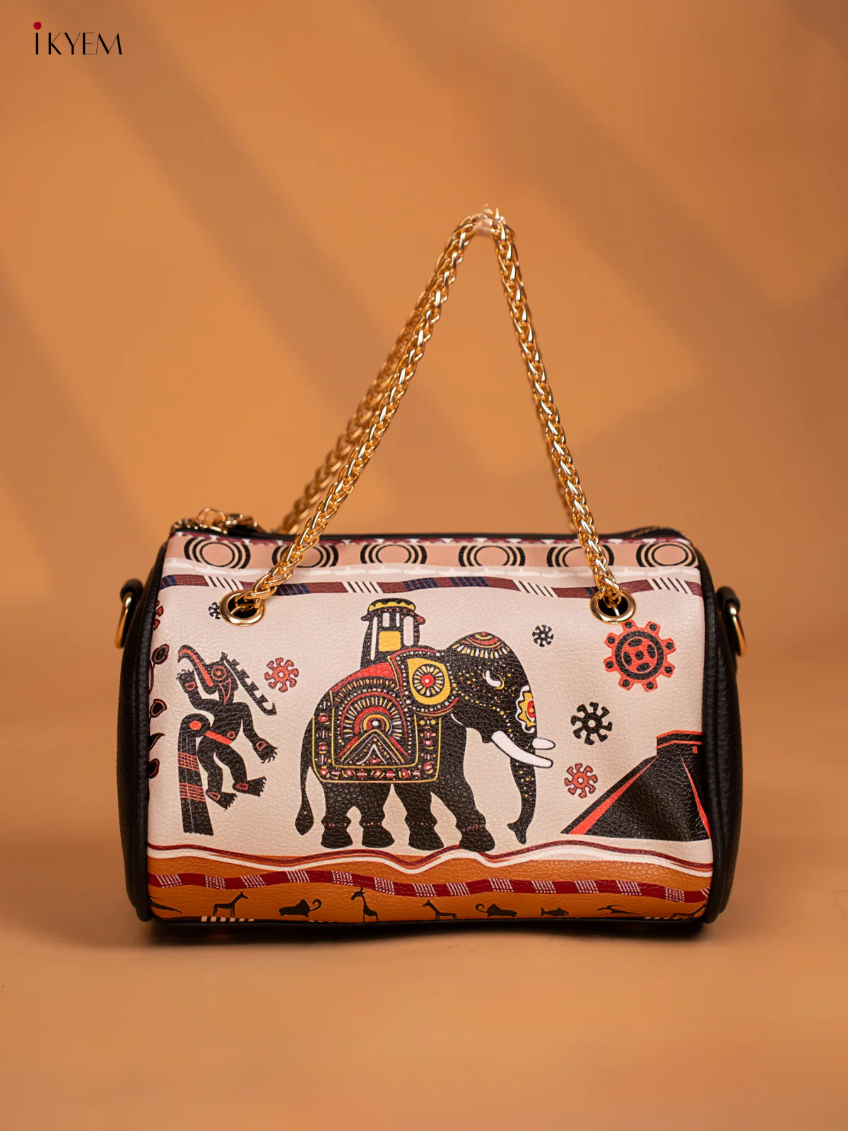 Printed Elephant Design Leather Sling Bag - Cream - KD05153