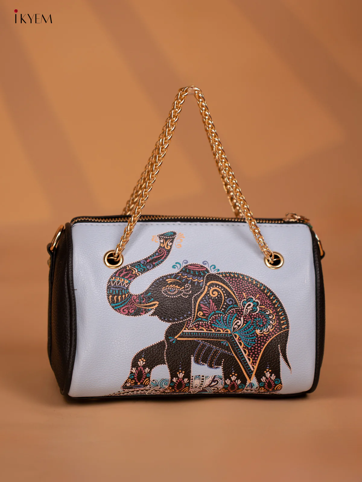 Printed Elephant Design Leather Sling Bag - Blue - KD05154