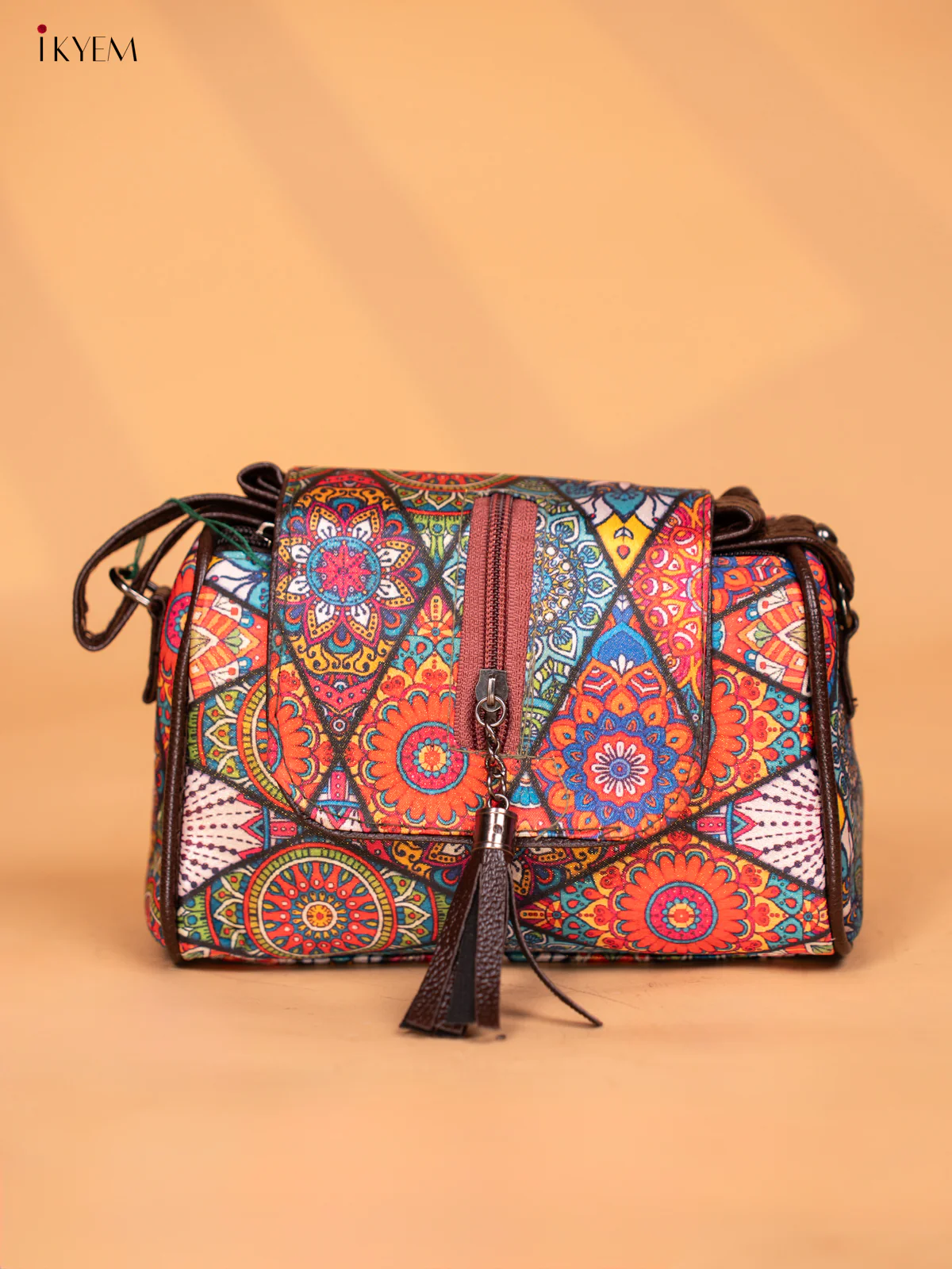 Printed Mandala Art Leather Sling Bag - Multi Colour - KD05158