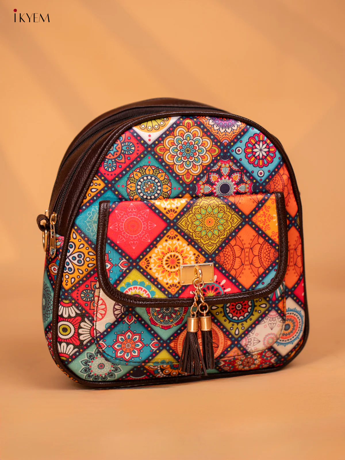 Printed Rangoli Design Leather Backpack- Multi Colour - KD05160 - Image 3