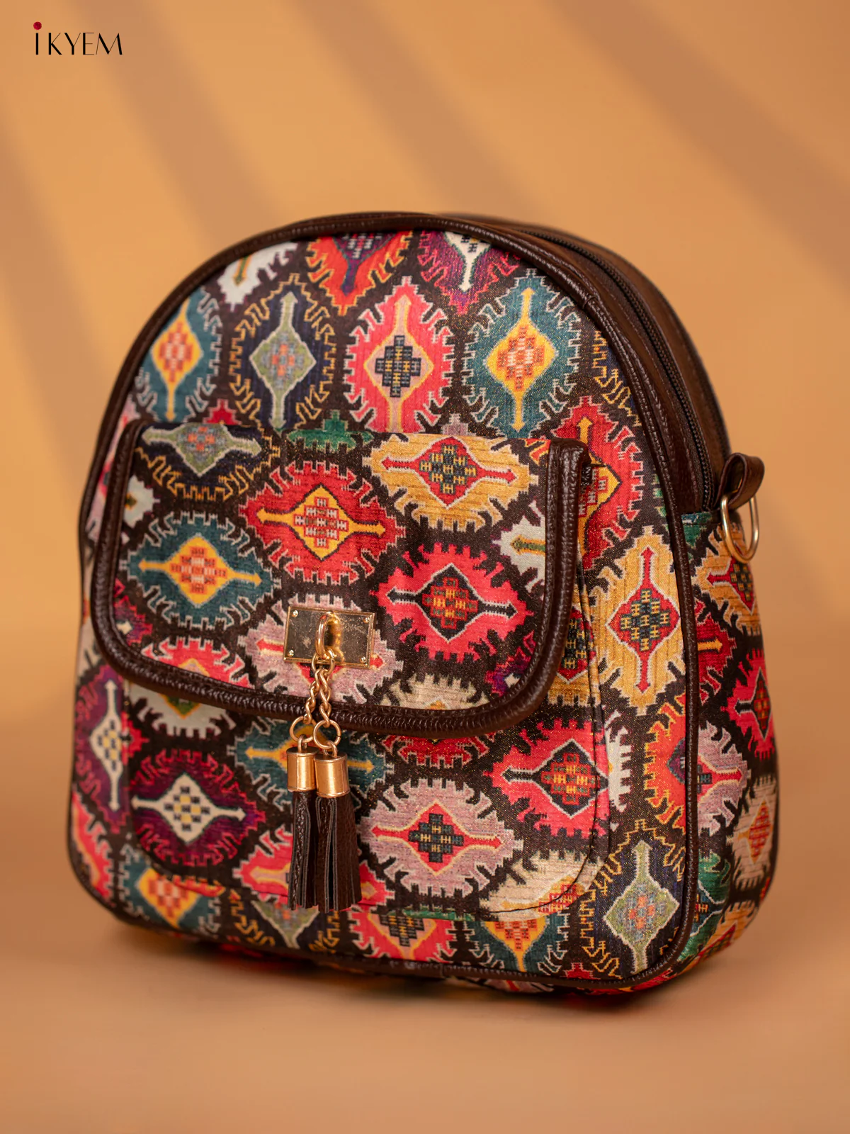 Printed Ikat Design Leather Backpack - Multi colour - KD05161 - Image 2